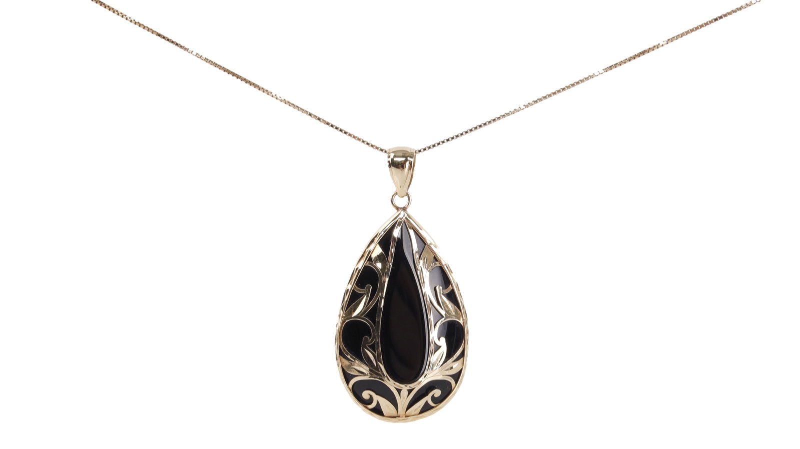 Vintage Necklace 14K Gold with Pear Shaped Onyx: Vintage yellow gold necklace with large pear shaped onyx covered in gold filigree. Pendant is stamped "14KT " and measures 1.75x0.75x0.15 inches. Box chain is 18 inches long and stamped "14KT" on clas