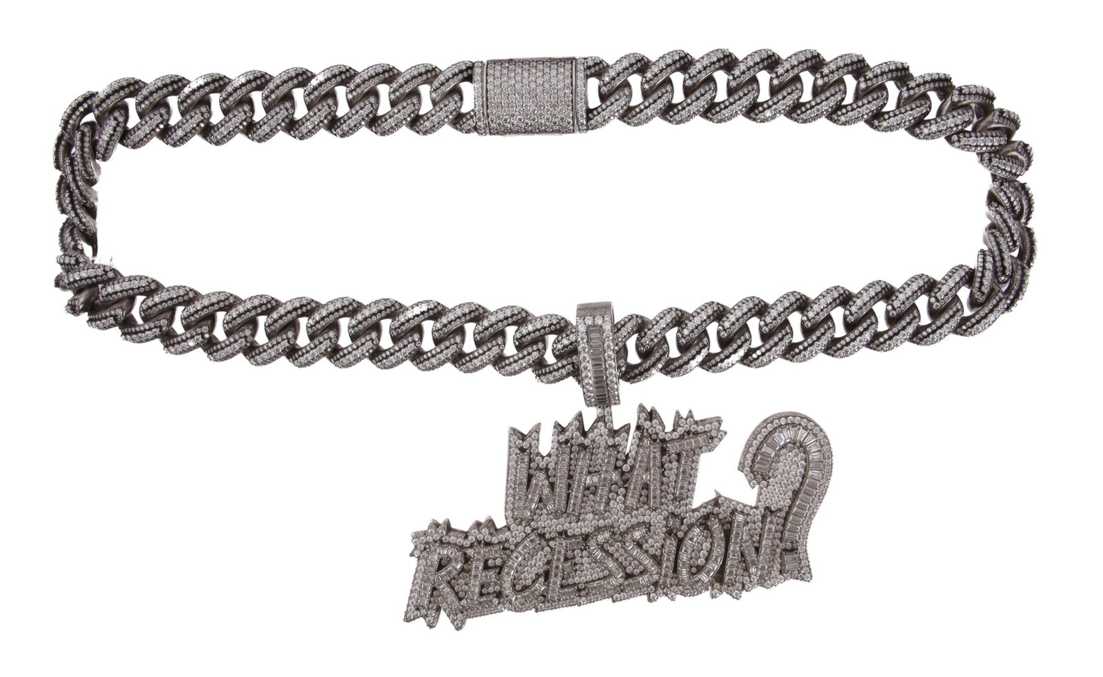 What Recession? .925 Silver Iced Cuban Link Chain: Cuban link chain and "What Recession?" pendant set with moissanite stones. 22 inch chain. 366 grams gross weight.