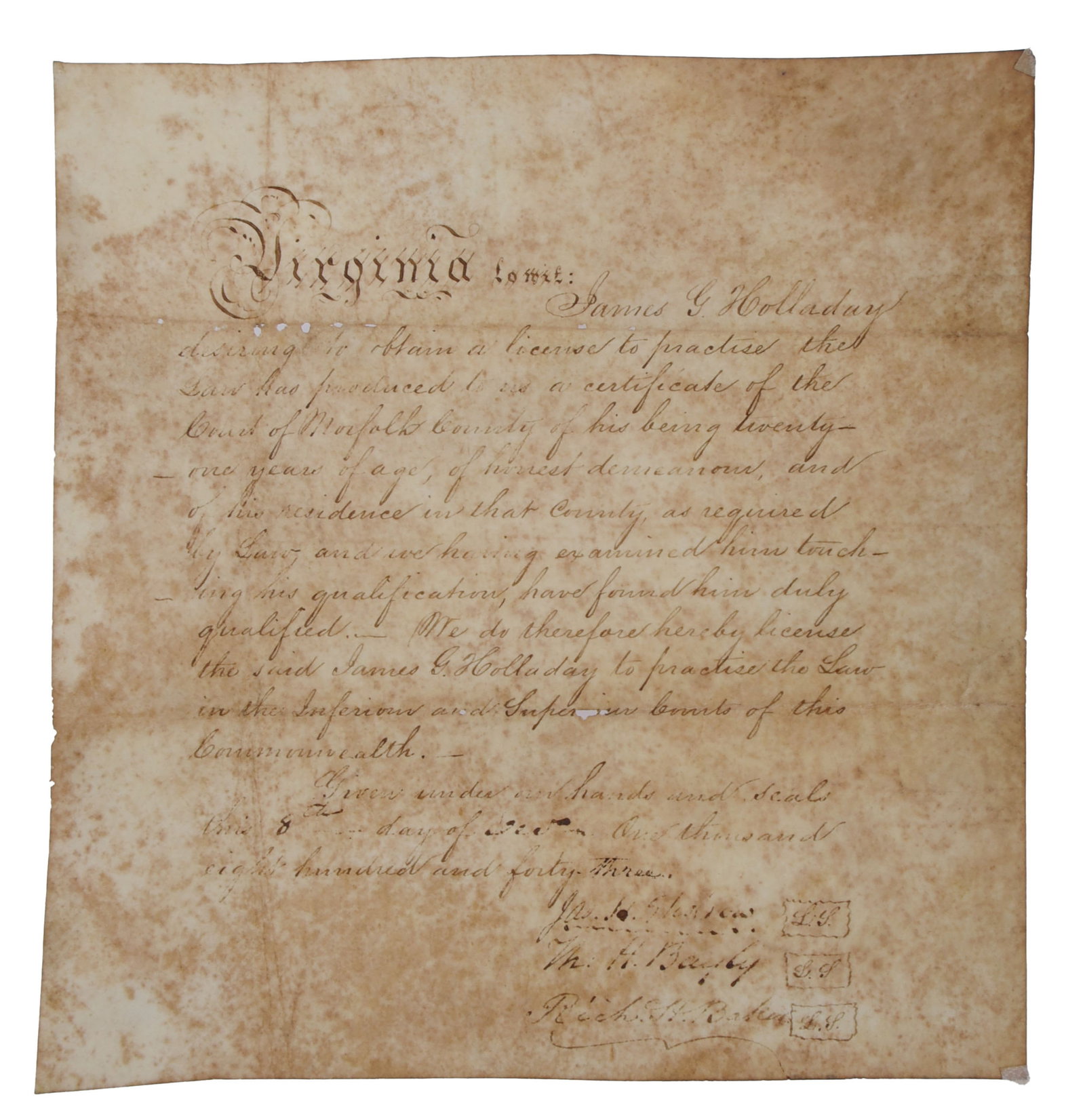 1843 Young Lawyer Granted License to Practice DS (1 of 2)