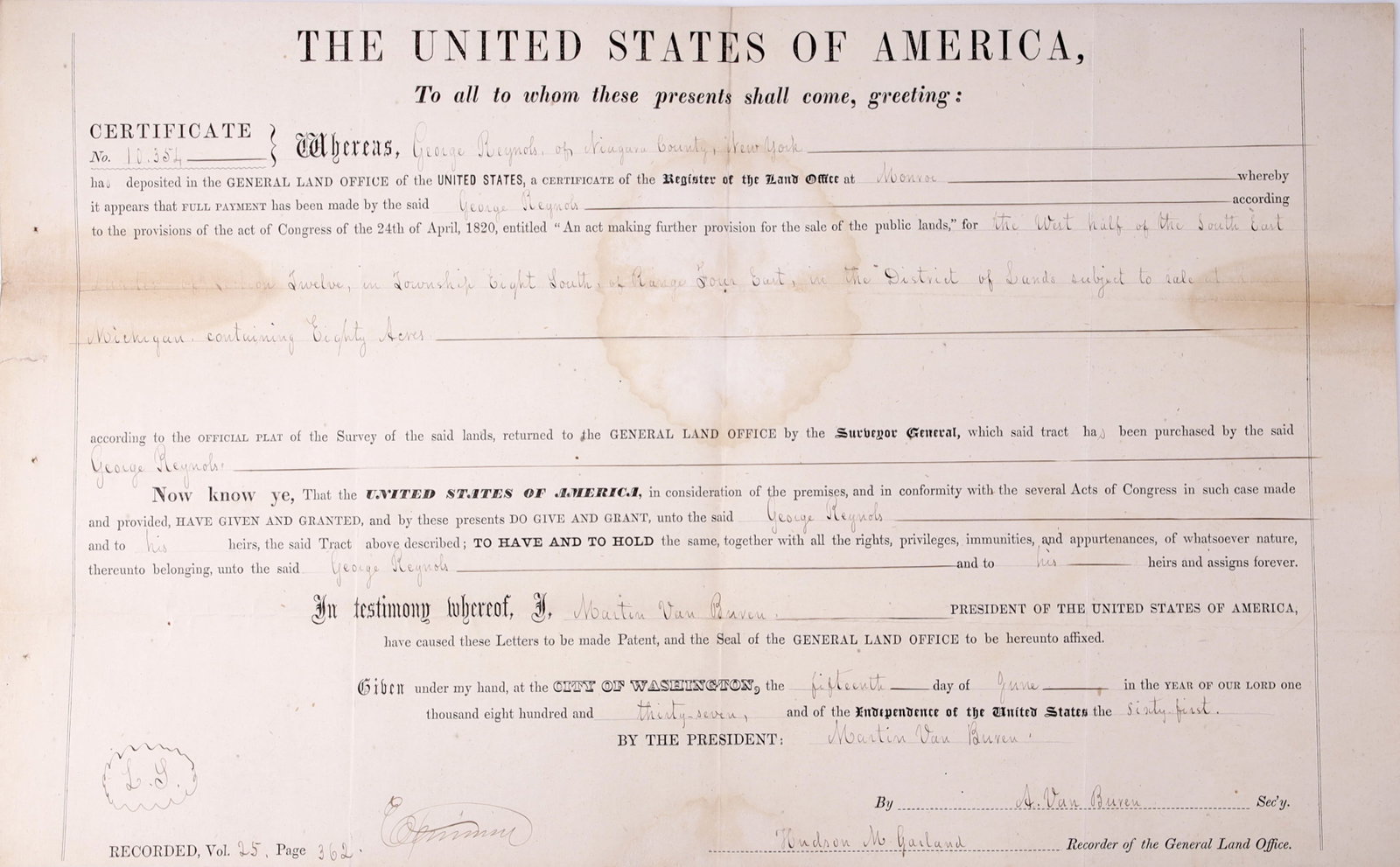 Martin Van Buren Signed Presidential Land Grant (1 of 4)