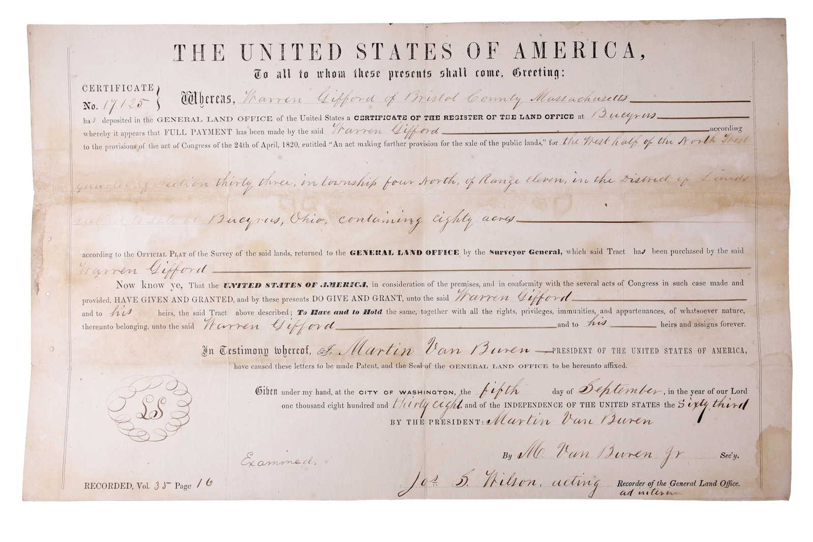 Martin Van Buren Signed Presidential Land Grant (1 of 5)