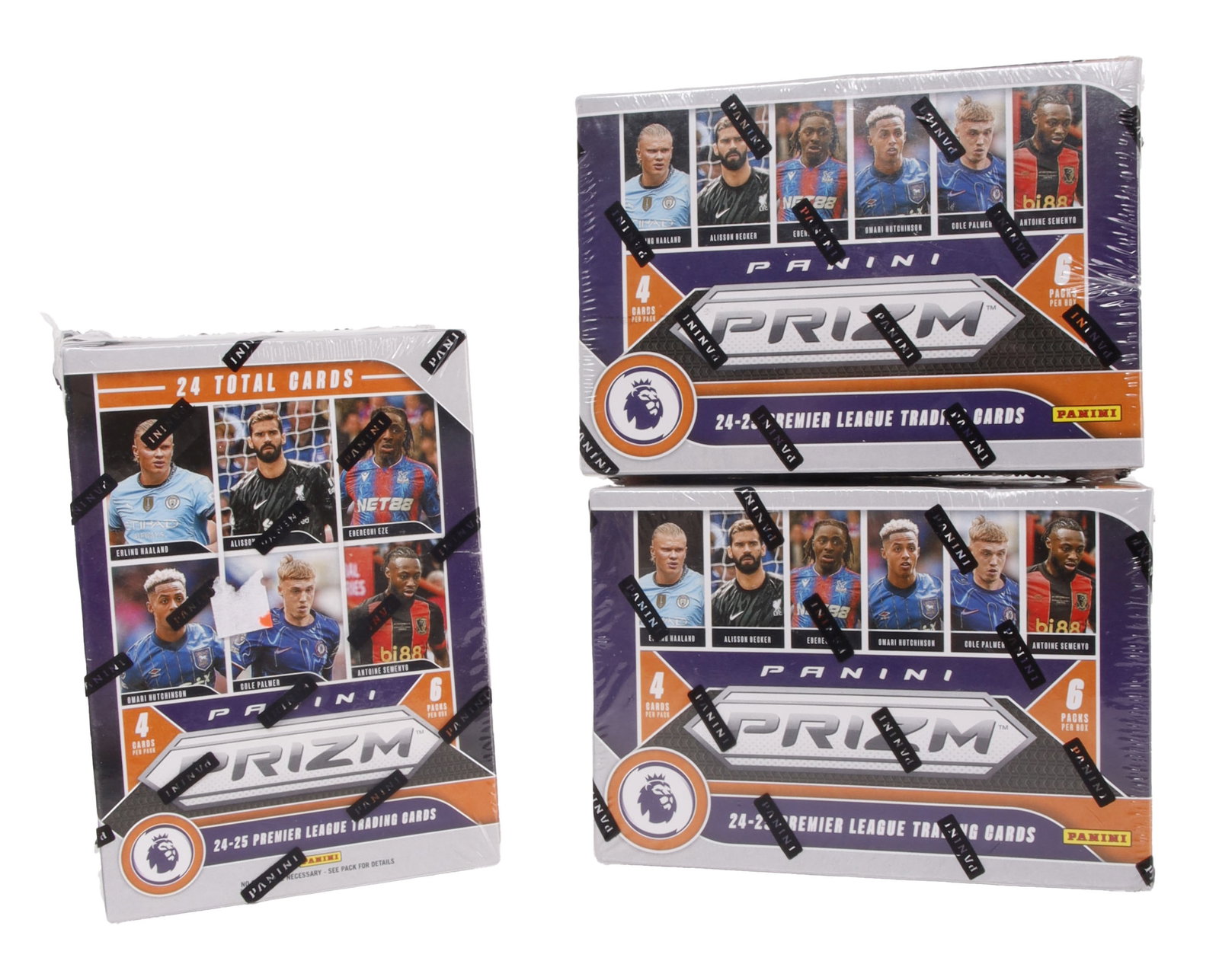 2024-2025 Prizm Premier League Cards Lot of 3: Three boxes of 2024-2025 Panini Prizm Premier League soccer/football trading cards. Possible autographs. Includes possible Sublime and Green Pulsar cards.