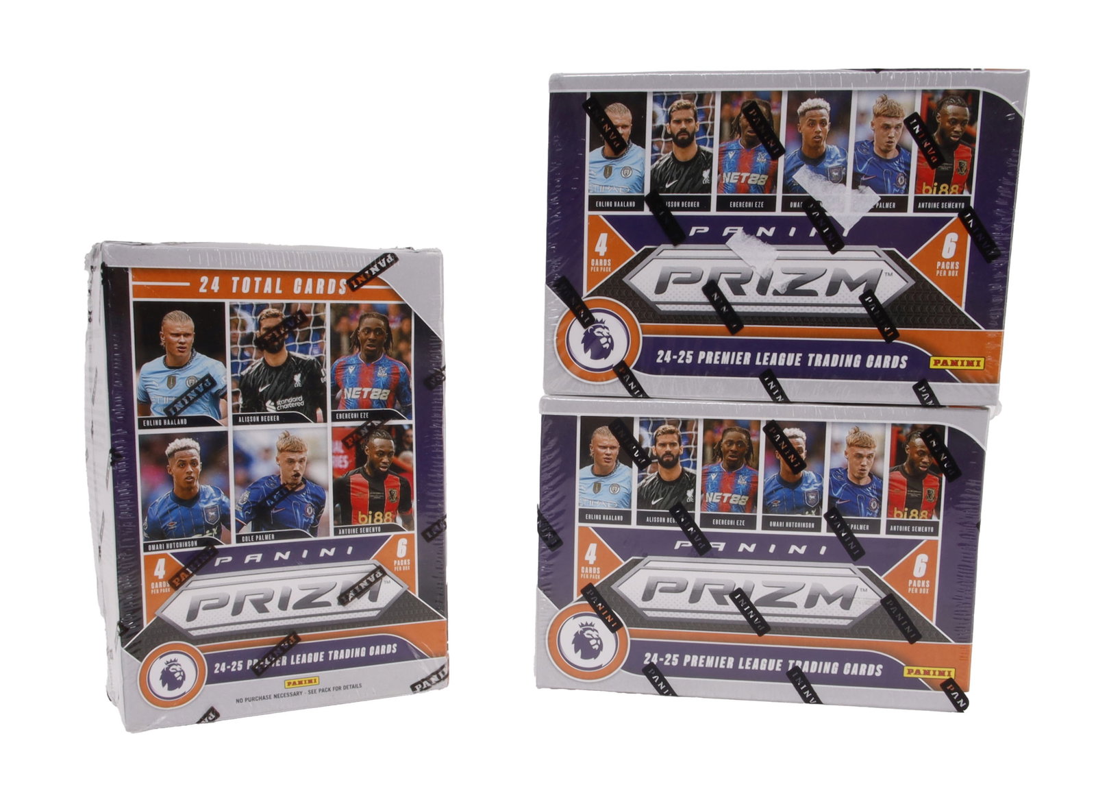 2024-2025 Prizm Premier League Cards Lot of 3: Three boxes of 2024-2025 Panini Prizm Premier League soccer/football trading cards. Possible autographs. Includes possible Sublime and Green Pulsar cards.
