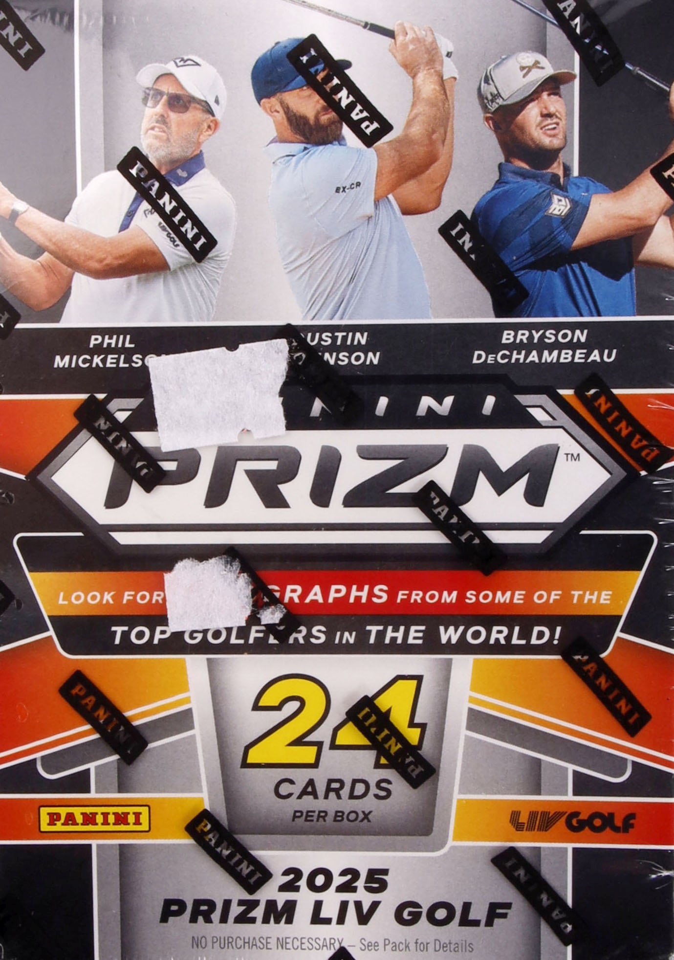 Panini Prizm LIV Golf 2025 Trading Cards: One box of 2025 Prizm LIV Golf trading cards. Potential autographs. 6 packs total.