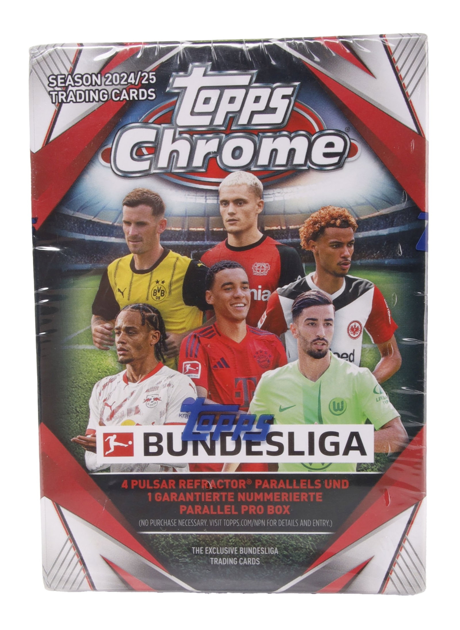 Topps Chrome Bundesliga Blister Box Cards: One box of Topps 2024-2025 Chrome Bundesliga soccer trading cards. Possible autograph cards.