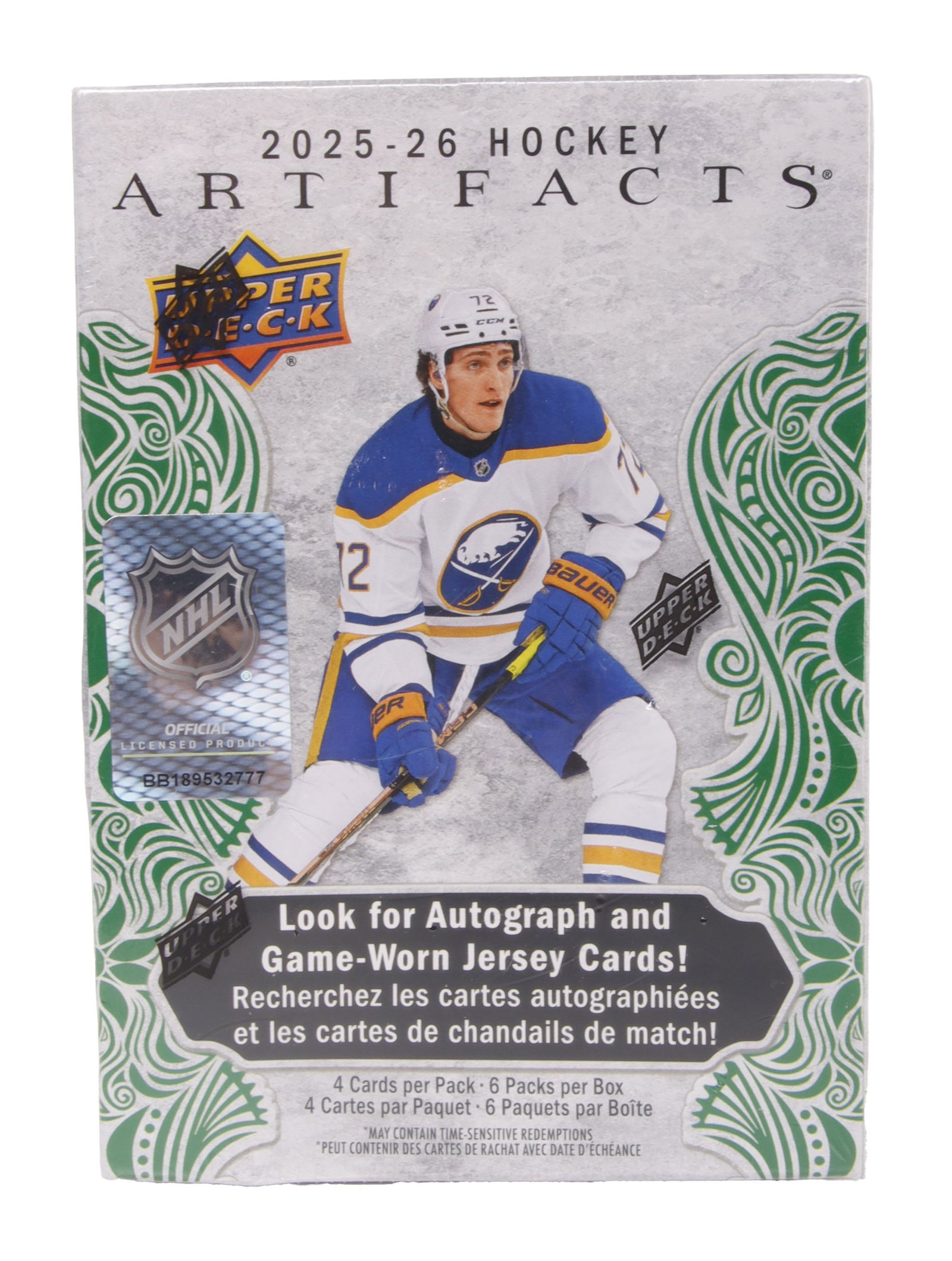 Upper Deck 2025-2026 Artifacts Hockey Cards: One blister box of Upper Deck 2025-2026 Artifacts hockey trading cards. Chance at autograph and jersey cards. Six packs per box.