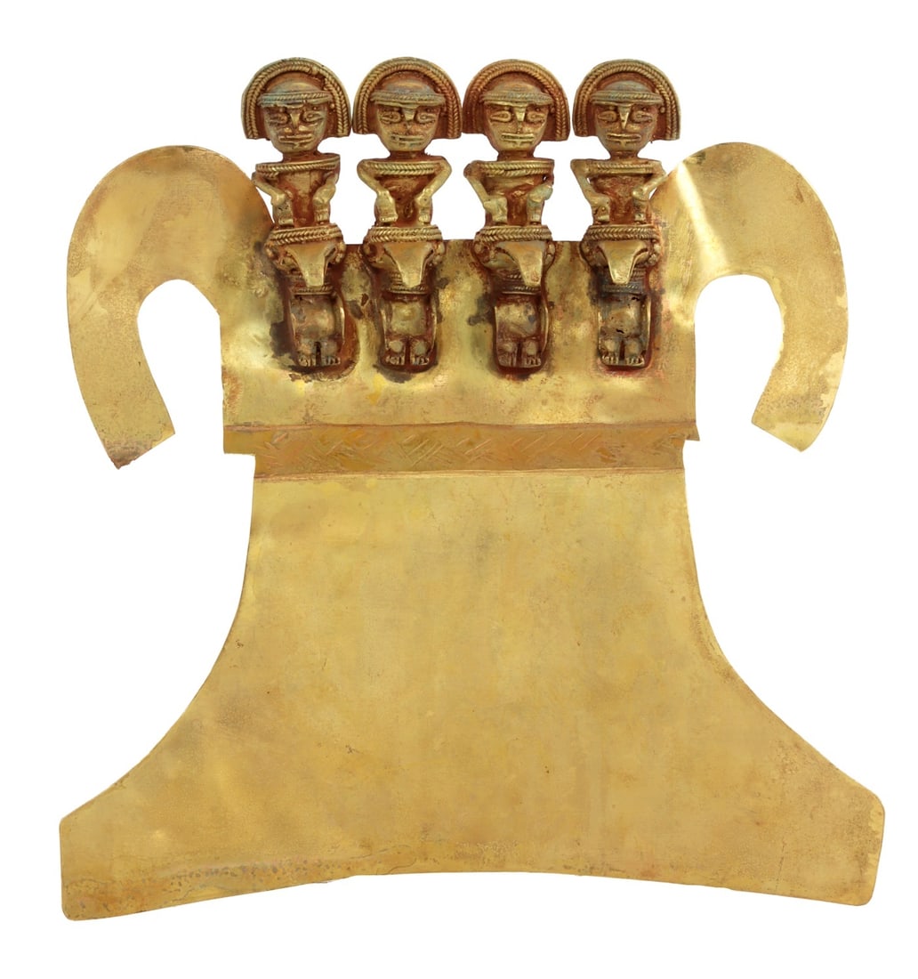 Tumbaga Gold Pectoral Shield with Bird Figures: A tumbaga gold pectoral shield, adorned with four human figures mounted on bird figures. Weighs 299 grams. 8 X 8.25 inches. Not guaranteed to be gold. This lot has a reserve.