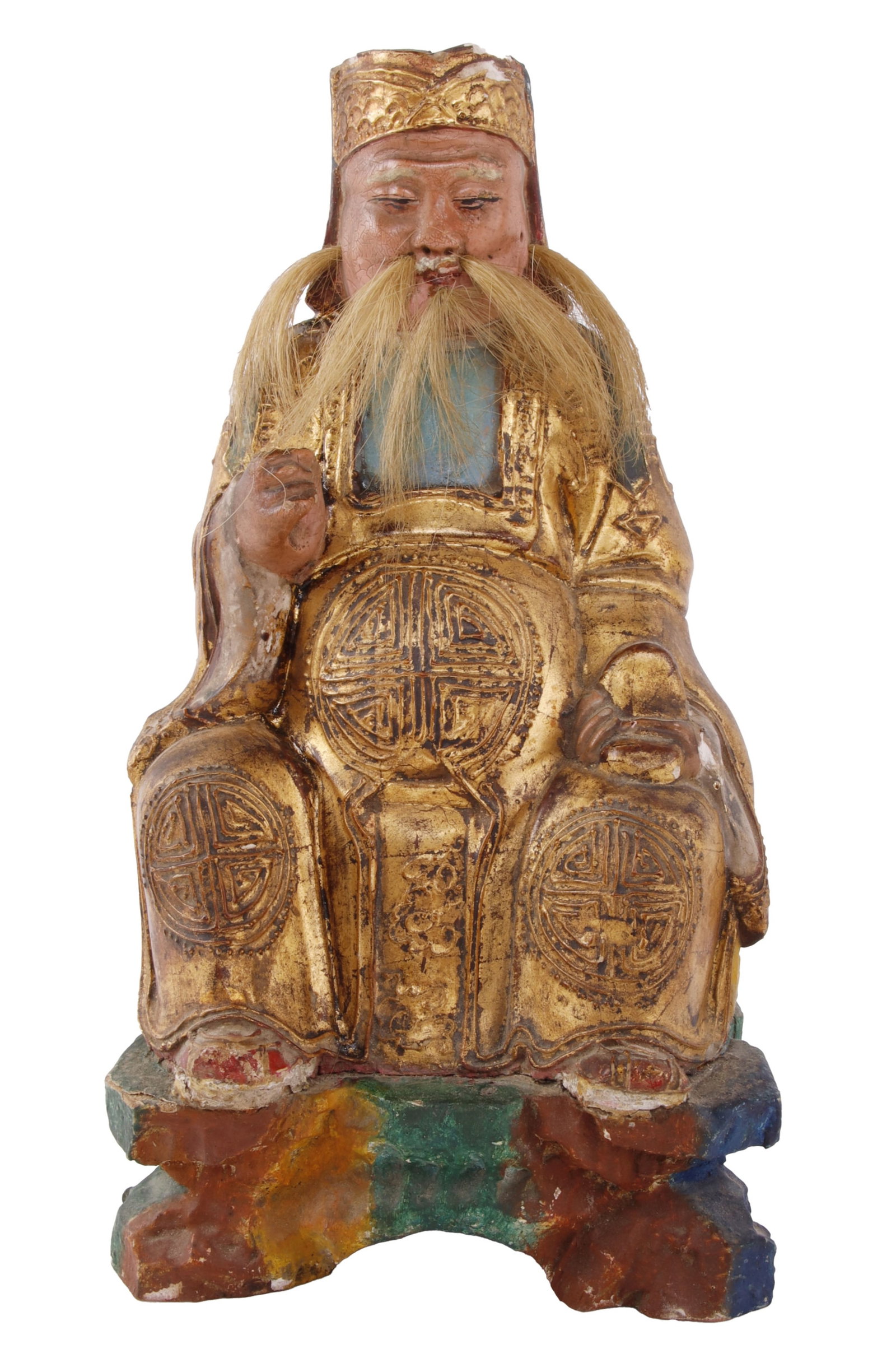 Qing Dynasty Carved Wood Gilt Polychrome Figure: Qing Dynasty carved wood figure, probably Fude Zhengshen. Parcel-gilt and polychromed, with tufts of real hair. 11x6 inches.