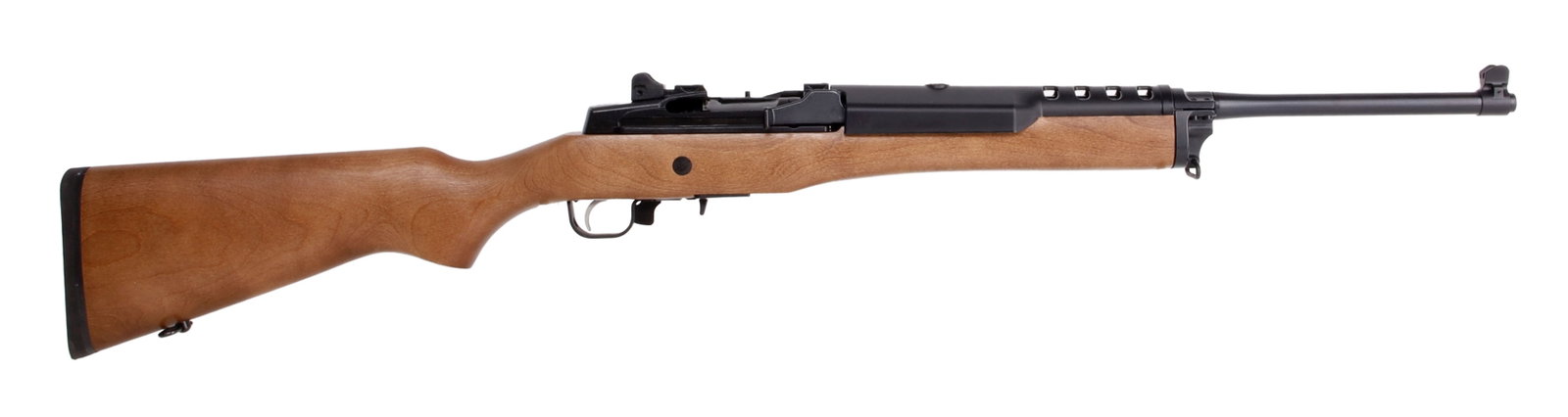Ruger Mini-14 5.56X45 Ranch Rifle NIB: New in box Ruger Mini-14 semi-automatic rifle. Barrel length 18.5 inches. Blued steel finish with wood stock. Peep sights. Includes two (2) 5-round magazines. FFL required for transfer. Caliber: 5.56x