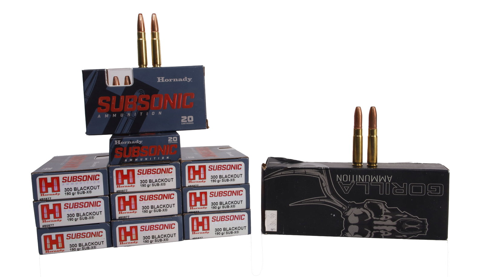 234 Rds .300 Blackout Hornady Subsonic Ammo: Lot of 234 rounds factory new .300 BLK subsonic rifle ammo. Hornady Subsonic 190gr SUB-X #80877 and 1 box Gorilla Silverback 205gr solid copper hollow point. No international shipping. This lot has a 