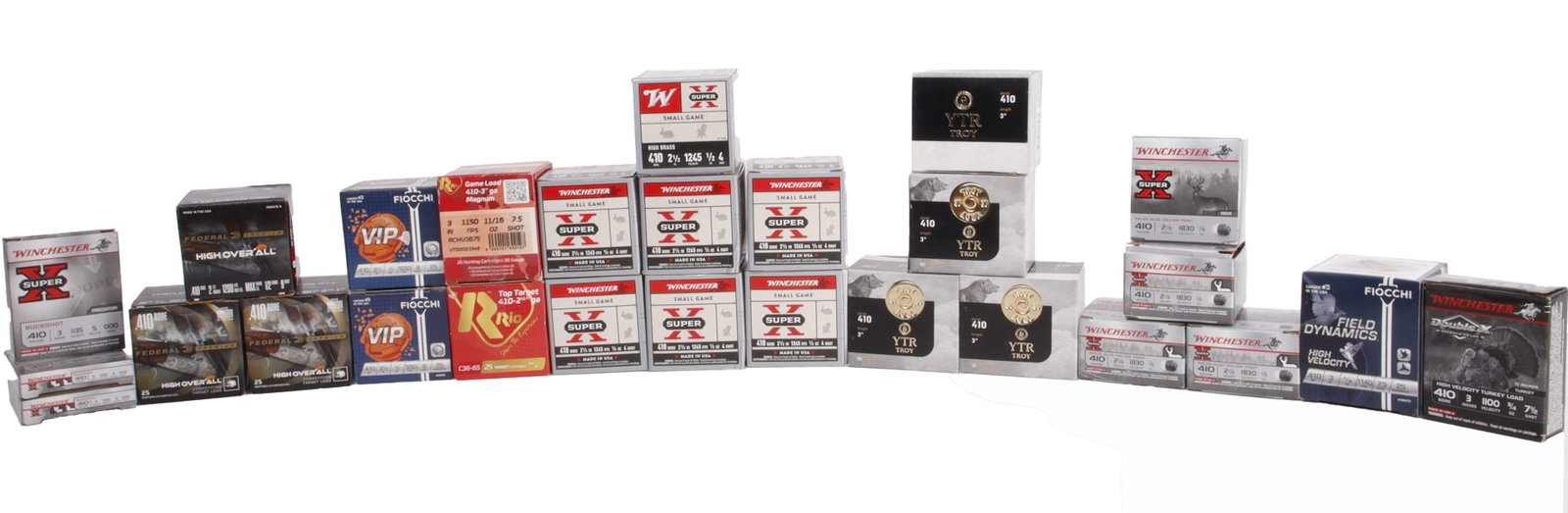 500+ Rds .410 Gauge Target & Game Shotshells: Lot of more than 500 rounds factory new .410 bore shotshells, various makers, primarily target & small game loads with some slugs, buckshot. 2-1/2 and 3-inch shells. No international shipping.