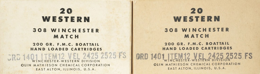 Winchester Western .308 Win Match Corrosive Ammo: Lot of forty (40) rounds vintage .308 Winchester 200gr F.M.C. Boattail factory hand-loaded cartridges. Scarce loads using corrosive primers for consistent accuracy. Box reads "Loaded with smokeless po