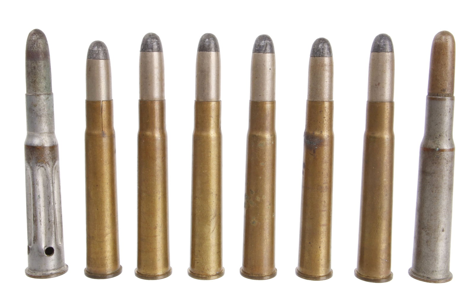 WWII DWM 8x57mm & Frankford Drill Cartridge 8 Pcs: Lot of eight (8) pieces. Includes six 8mm Mauser cartridges headstamped "DWM K K 446," one .30-06 headstamped "F 11 96" and one .30-06 headstamped "F A 1 04."