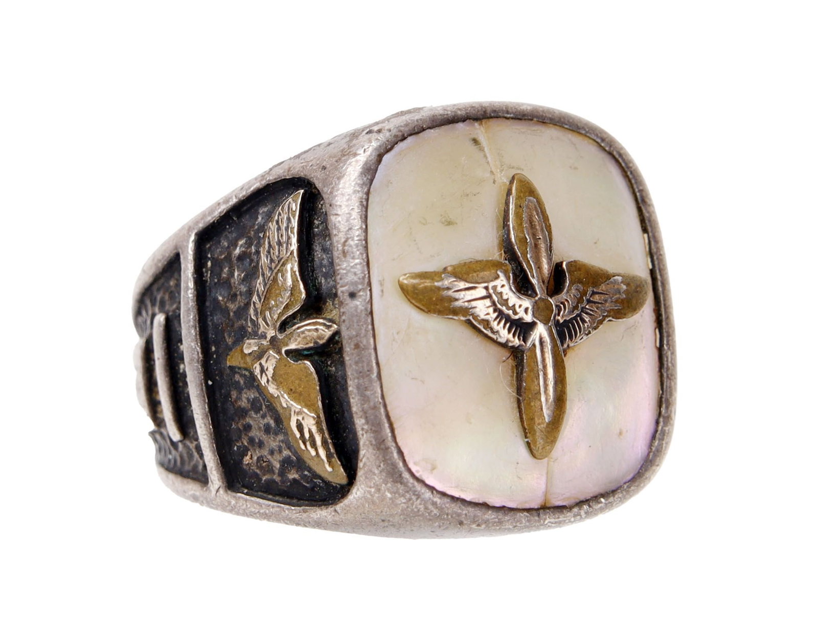 WWII USAAF Sterling Silver 12KT Gold Ring: Sterling silver ring with pearl inlay and 12kt gold fill insignia. Size 9