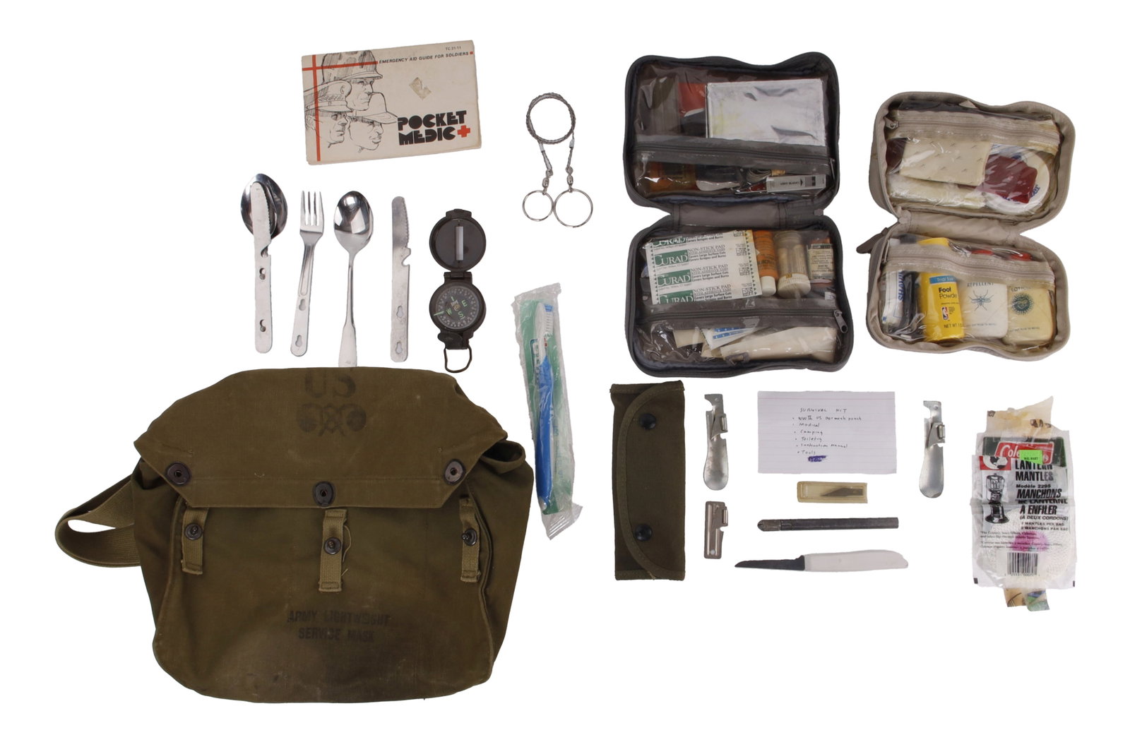 Vintage Survivalist Bug Out Bag with Gas Mask Bag: A US Army gas mask bag with survivalist supplies included. The accessories to this bag were at some point re-selected for personal use, with various vintage supplies. Bag is 12x3.5x10 inches.