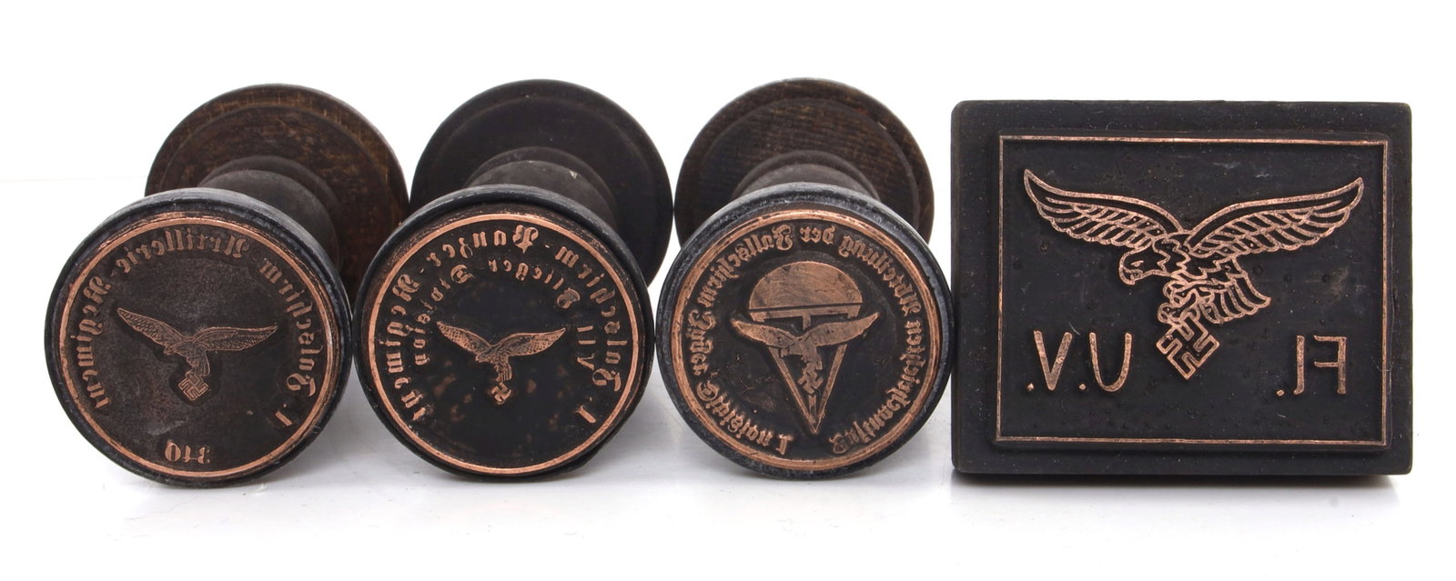 Hand Stamps Luftwaffe Lot of 4 WWII German Reich: A selection of four (4) hand stamps related to the Luftwaffe of the German Third Reich.
