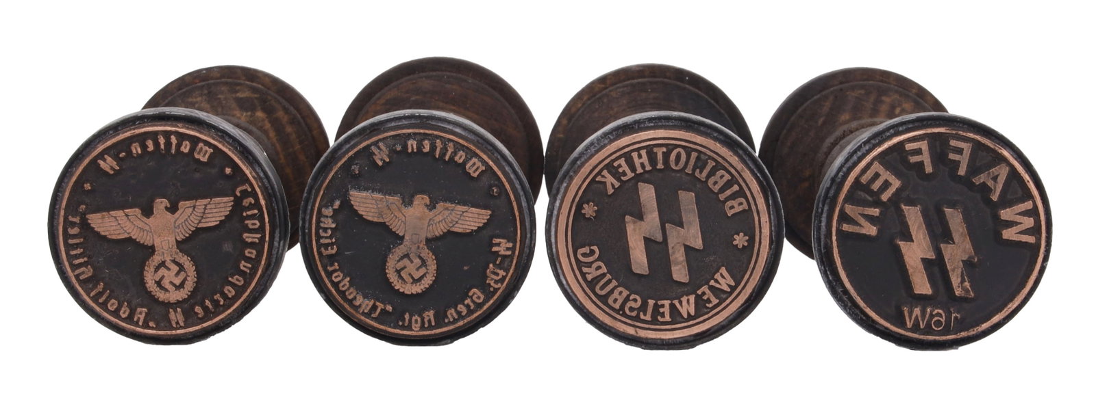 Hand Stamps SS Lot of 4 WWII German Reich: A selection of four (4) hand stamps related to the Waffen-SS of the German Third Reich.