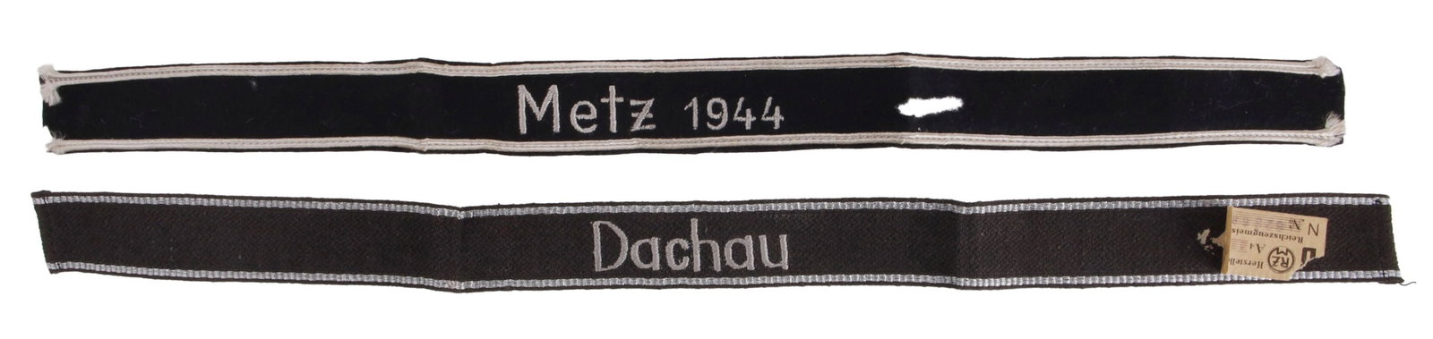 Metz & Dachau Cuff Titles Lot of 2 WWII German: A set of cuff titles, one for Dachau and one for Fetz. Dachau cuff fluoresces.