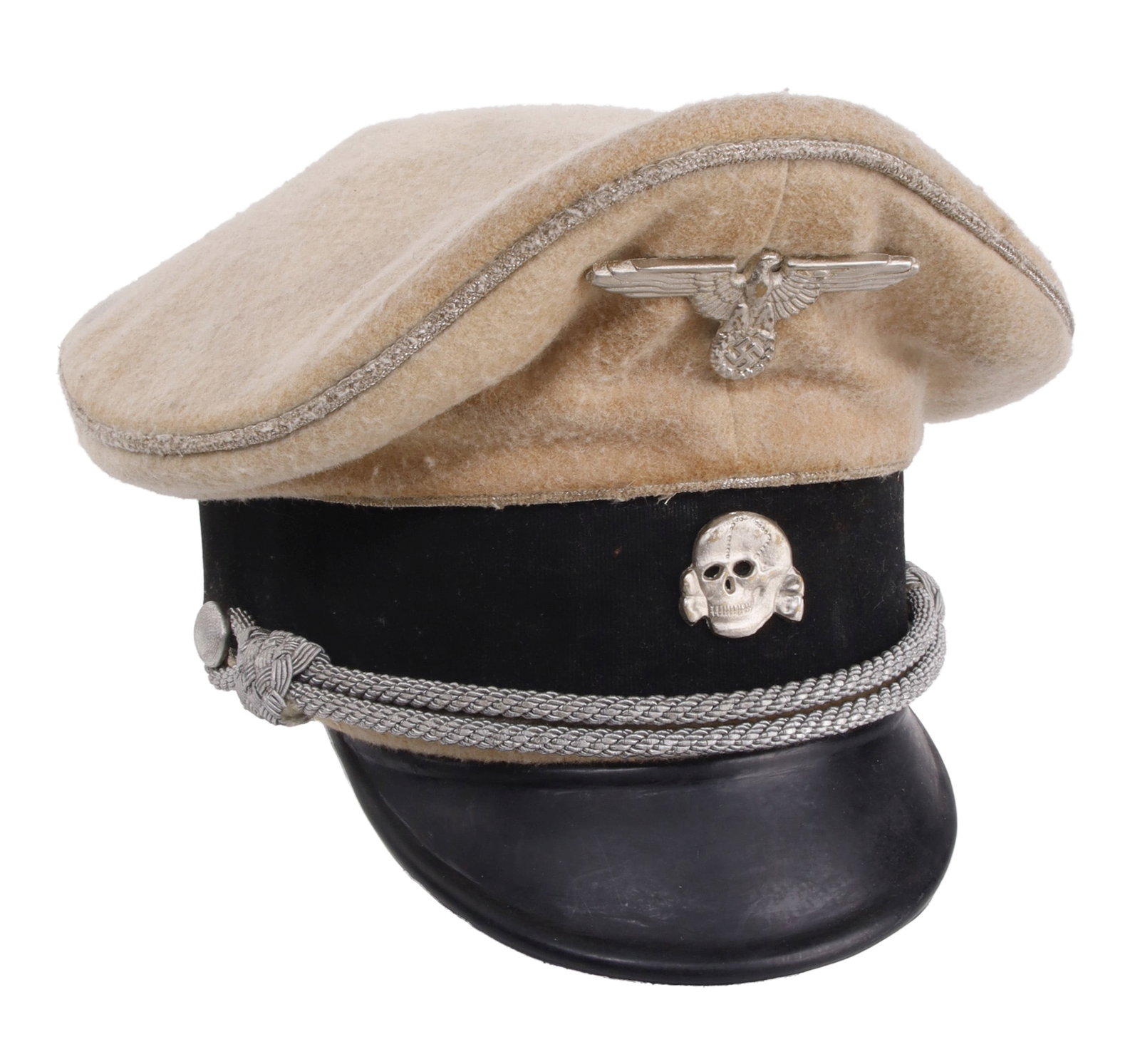 Summer SS Officer Visor Crusher Cap WWII German: Summer visor with aluminum bullion piping and chin strap. Reichsadler and Totenkopf unknown metal and appear to be post war. Interior diameter measures 8 1/4. Unauthenticated, sold as is.