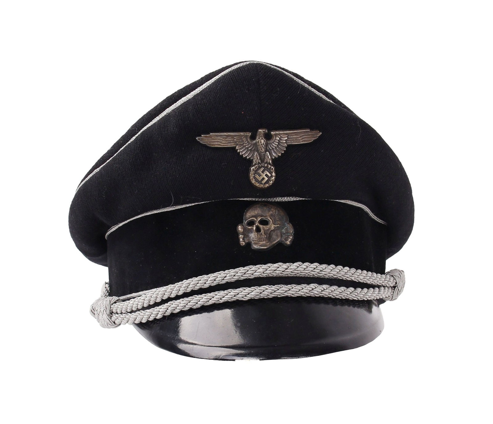 Allgemeine SS General Officer Visor Cap WWII: A Visor Cap for Allgemeine SS General Officers Cap body in black wool, black velvet cap band, silver-aluminum mesh piping, silver-aluminum chin cords attached by two silver finished pebbled buttons. S