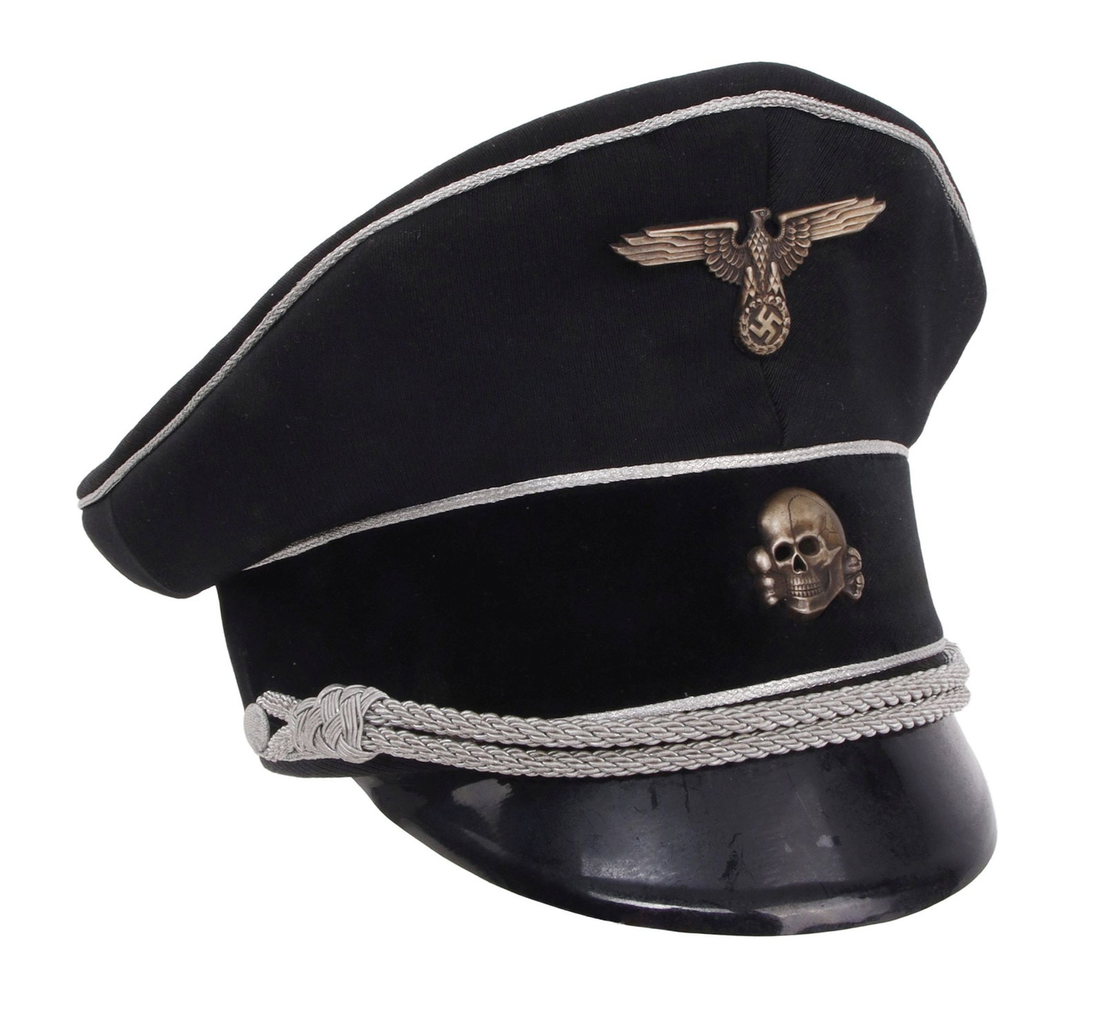 Allgemeine-SS Visor WWII German Third Reich: A black cloth and silver bullion visor of a member of the Allgemeine-SS. Size 59.