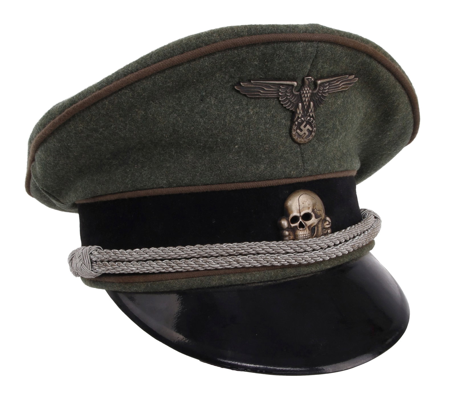 Construction Troop Visor Waffen-SS WWII German: A visor cap for a member of the Waffen-SS, with the brown waffenfarbe of a construction troop. Field gray cloth construction with black velvet ring and leather liner. The visor cap itself appears accu