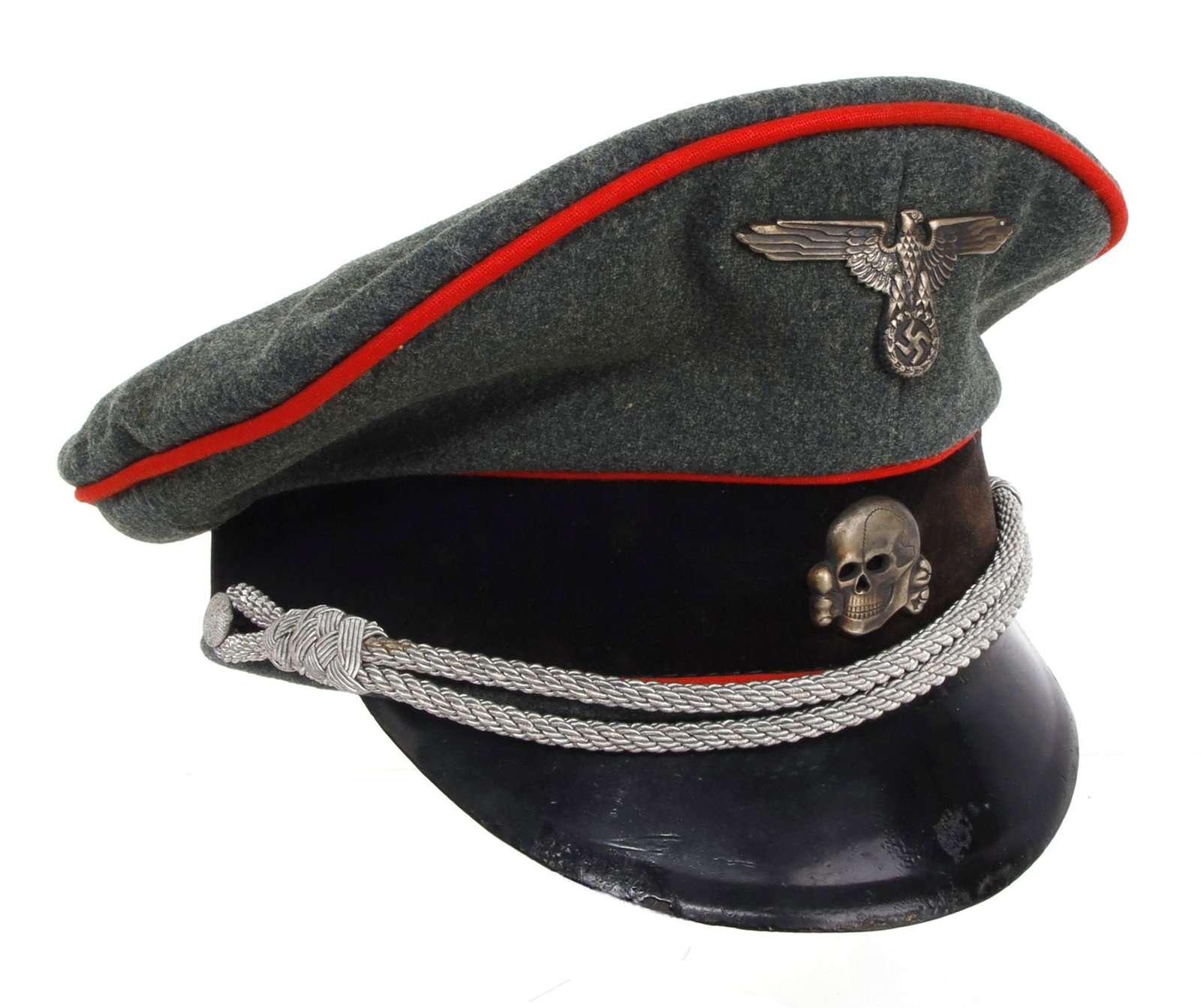 General Staff Visor Waffen-SS WWII German Reich: A visor cap for a member of the Waffen-SS, with the red waffenfarbe of a general staff member. Field gray cloth construction with black velvet ring and leather liner. The visor cap itself appears accu