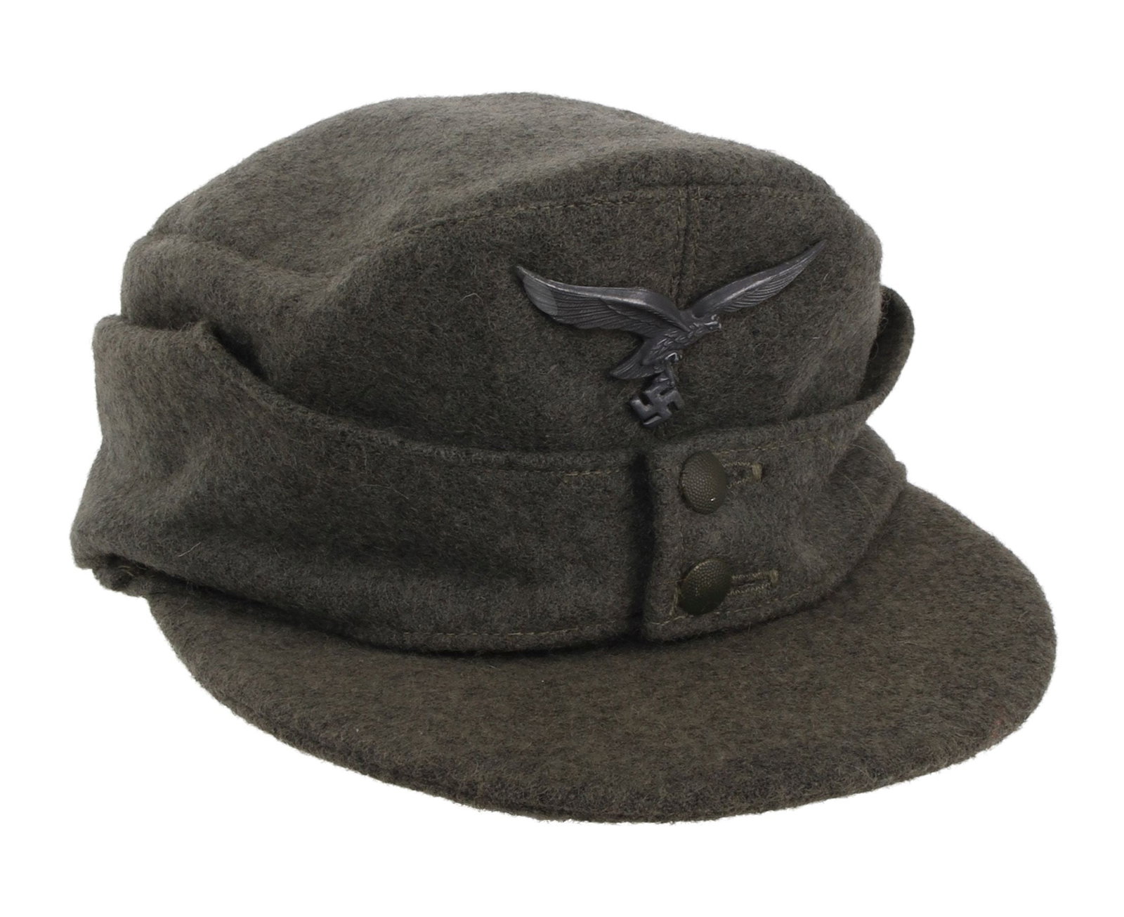 German EM/NCO M43 Field Cap Luftwaffe Sz 57: Historical interpreter's M43 field cap, size 57, with metal Luftwaffe insignia. High quality manufacture, of field gray wool with painted pebbled steel buttons.