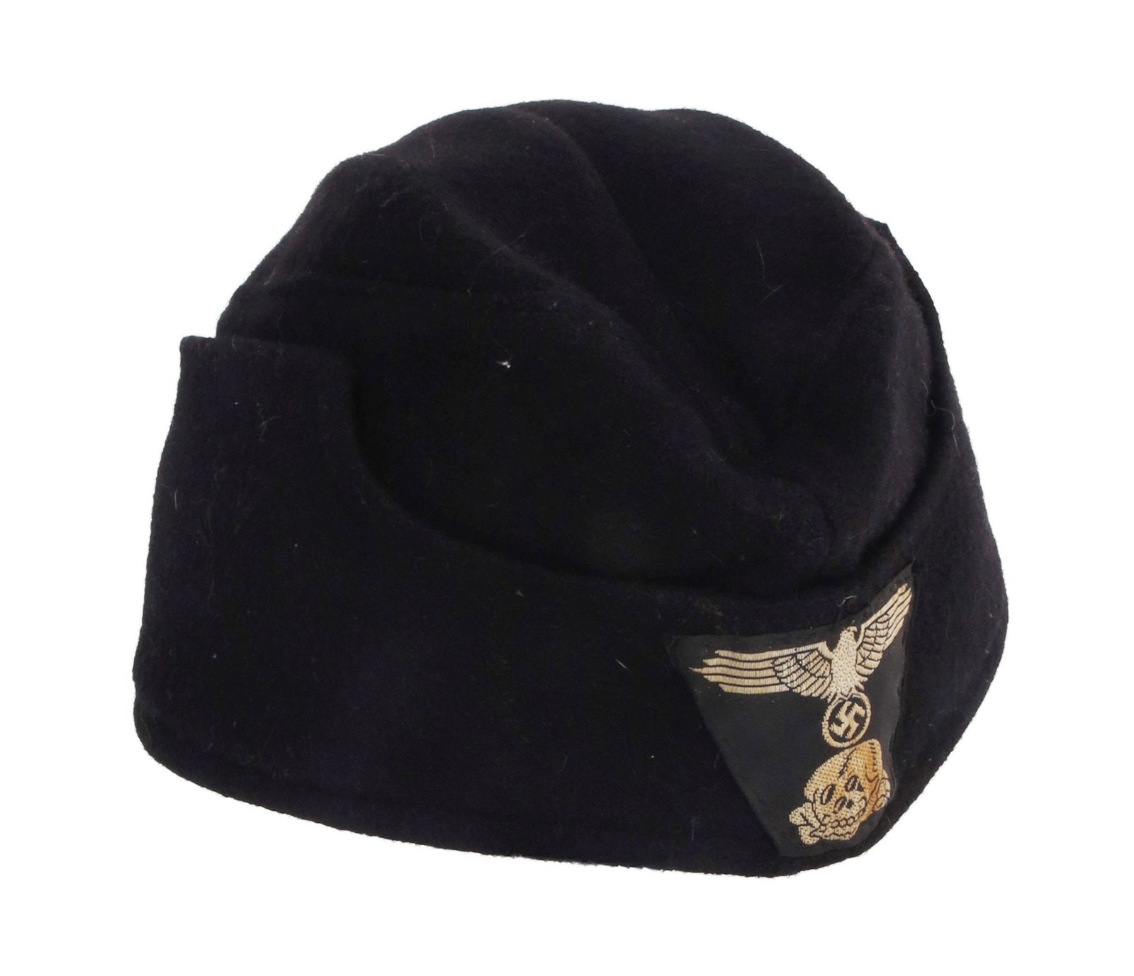 German SS Panzer EM/NCO M38 Garrison Cap: Historical interpreter's SS Panzer M38 side cap of black wool. Trapezoidal BeVo embroidered insignia. Laid flat, measures 10.5 inches front to back.