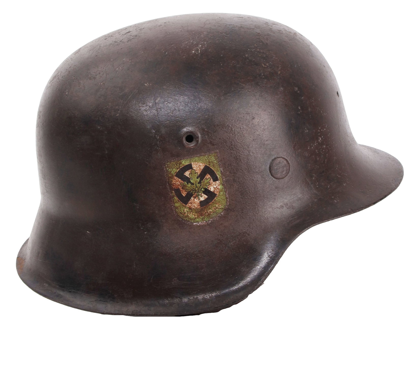 M42 Stahlhelm Freikorps Sauerland WWII German: An M42 stahlhelm helmet for a member of the Freikorps Sauerland, an elite formation within the Volkssturm at the end of the Second World War. Decal appears possibly original; two mounts on front, but 