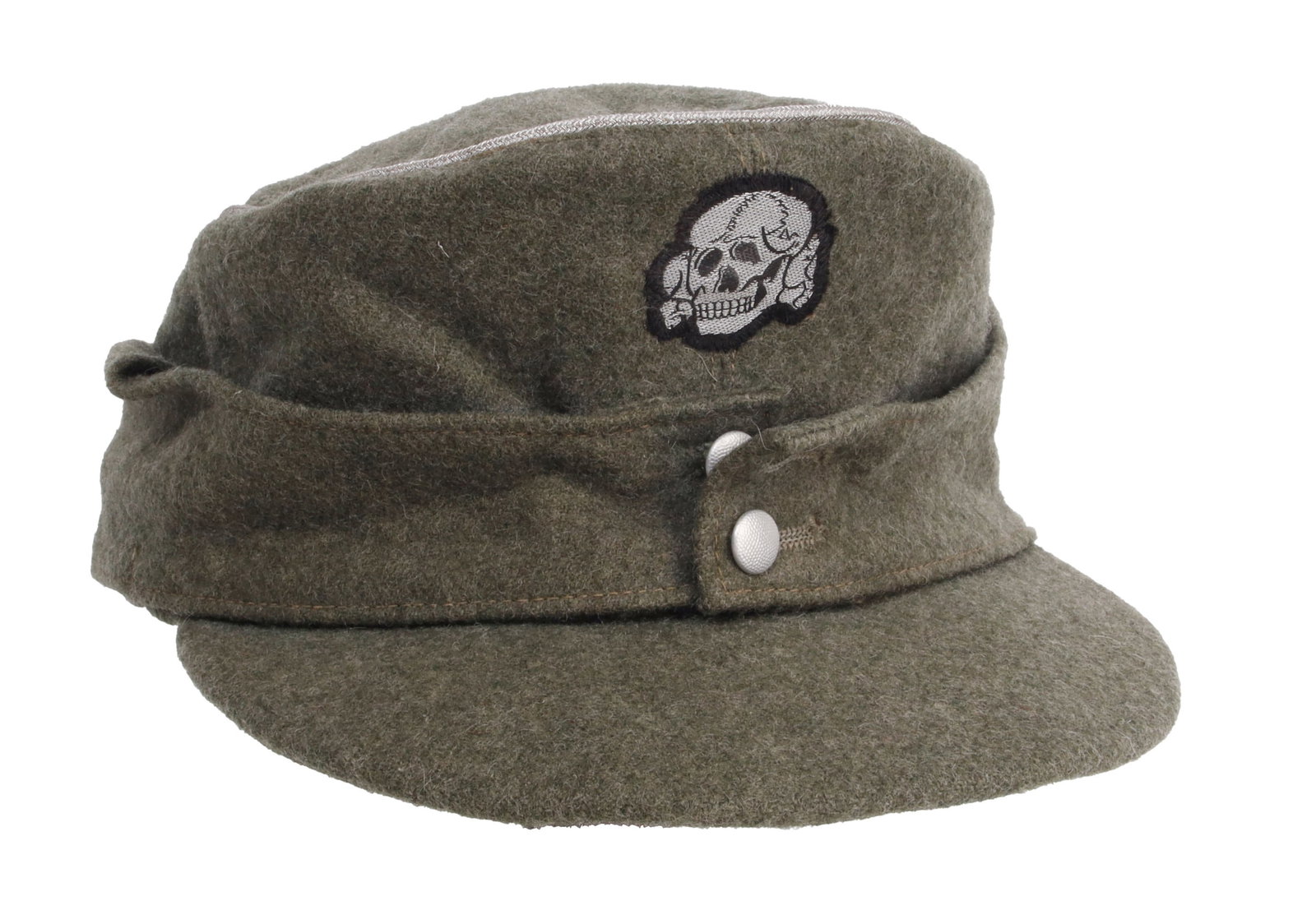 SS Officer M43 Field Cap Bevo Eagle WWII German: Field grey wool construction. Aluminum bullion piping and bullion Totenkopf patch. Aluminum pebbled buttons Assmann marked. Bevo Reichsadler patch placed on left side. Non-fluorescing.