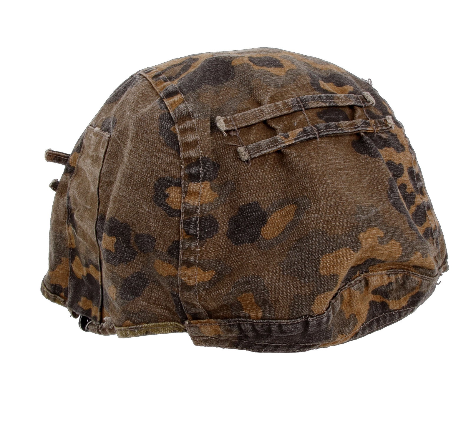 Waffen SS Oak Leaf Camo Reversible Helmet Cover: WWII German Waffen SS reversible helmet cover. Black painted, aluminum rocker clips with steel rivets. 3 attachment springs present.