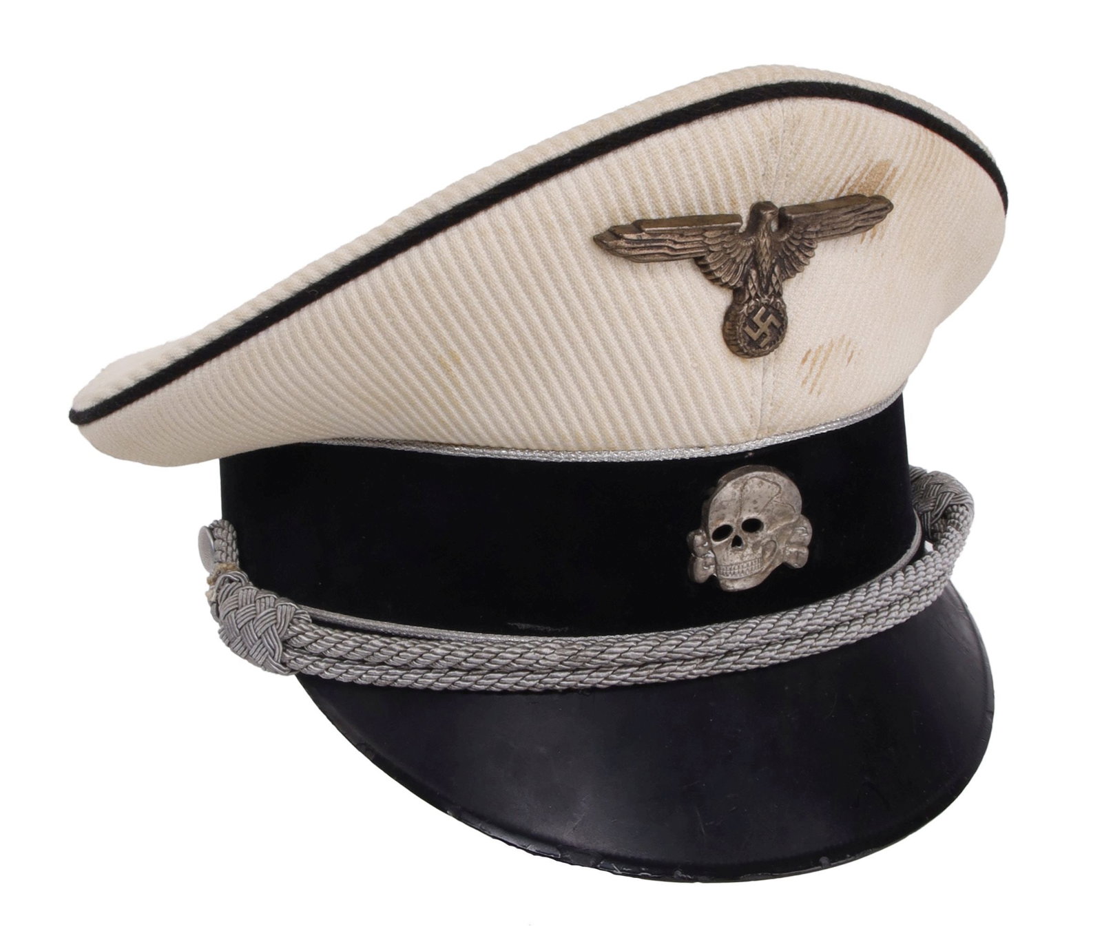 Waffen-SS Combat Engineer Summer Visor WWII German: A visor for a combat engineer within the Waffen-SS. Summer dress, with a ribbed weave. Sweat shield is removed. Cap fluoresces. All parts appear to be of a post-war construction. Size 53.