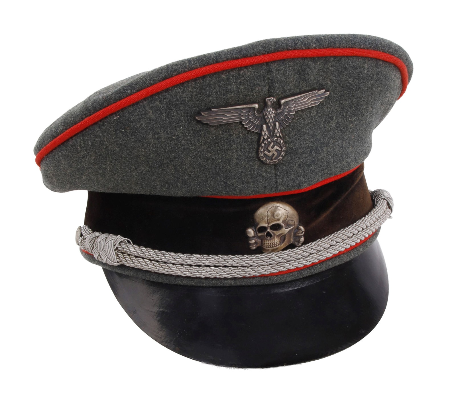 Waffen-SS General Staff Visor WWII German Reich: A visor cap for a member of the Waffen-SS, with the red waffenfarbe of a general staff member. Field gray cloth construction with black velvet ring and leather liner. The visor cap itself appears accu