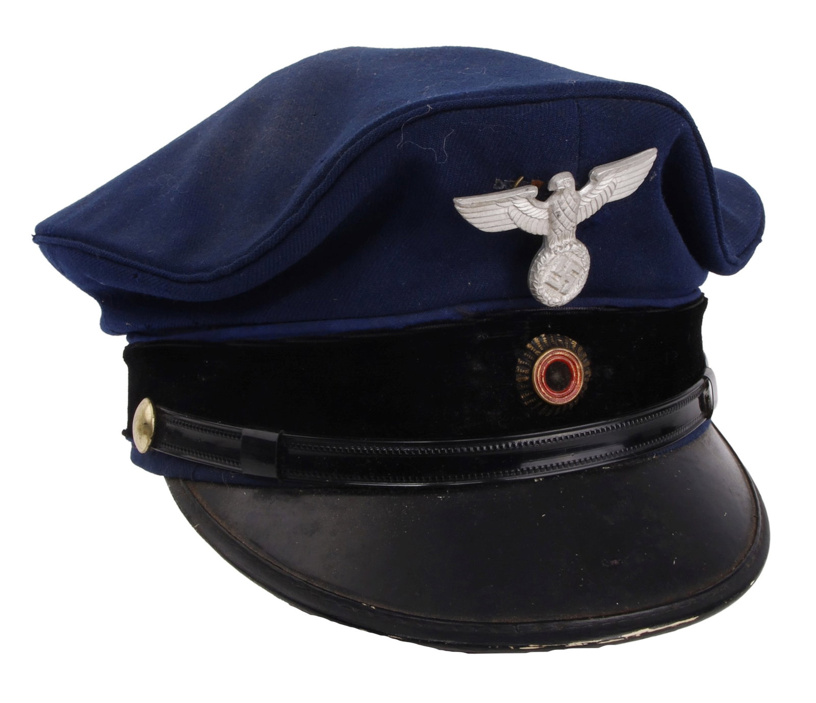 WWII German Railway Officer Visor: Blue wool construction, features plastic chin strap, aluminum Reichsadler, and a cockade. Hard leather bill. Silk liner. Leather sweatband. Unauthenticated, sold as is.