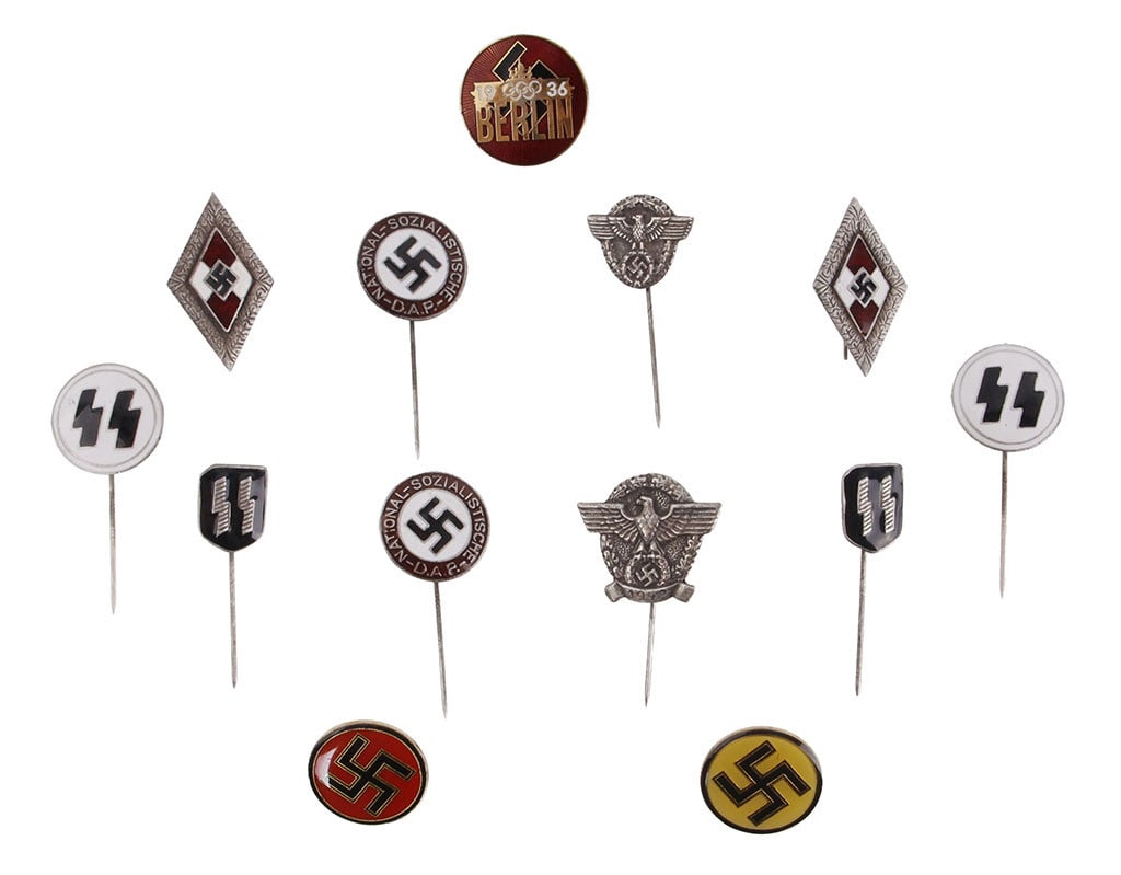 13 NSDAP Badges WWII German Reich: A collection of thirteen (13) badges of the German Third Reich. Mostly but not exclusively NSDAP.