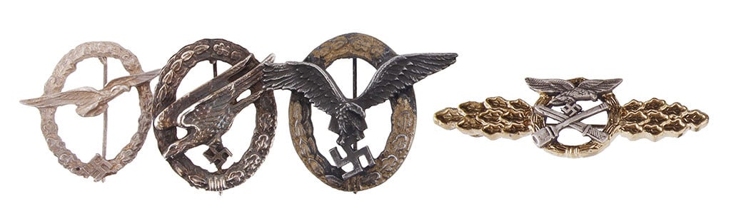 4 WWII German Badges Close Combat Paratrooper: A selection of four (4) badges from the German Third Reich. 1) Close combat clasp. 2) Fallschirmjaeger. 3) Pilot badge. 4) Glider pilot badge.