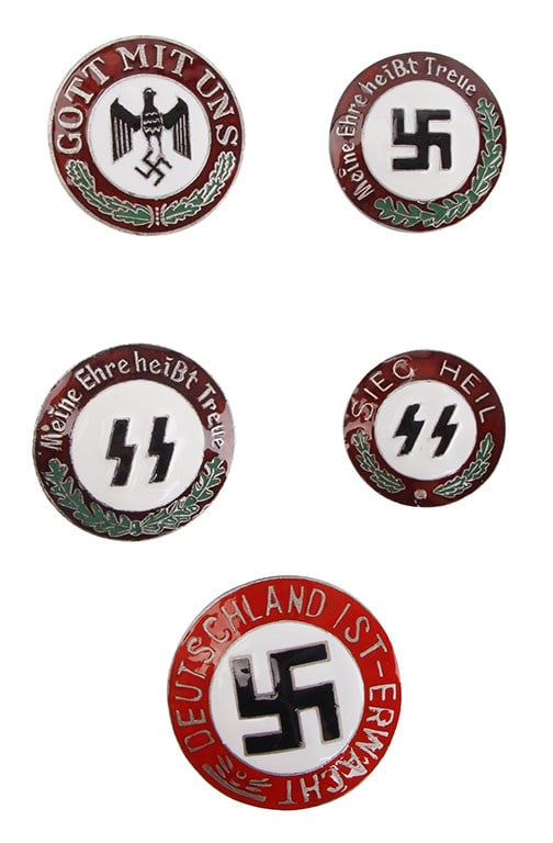 5 Enameled Badges Army WWII German Reich: A selection of five enameled badges from the German Third Reich. 1) Gott Mit Uns. 2) Meine Ehre Heist Treue. 3) Deutschland-Erwacht. 5) SS-Siegrunes with 'Sieg Heil.' 5) SS-Siegrunes with 'Meine Ehre 