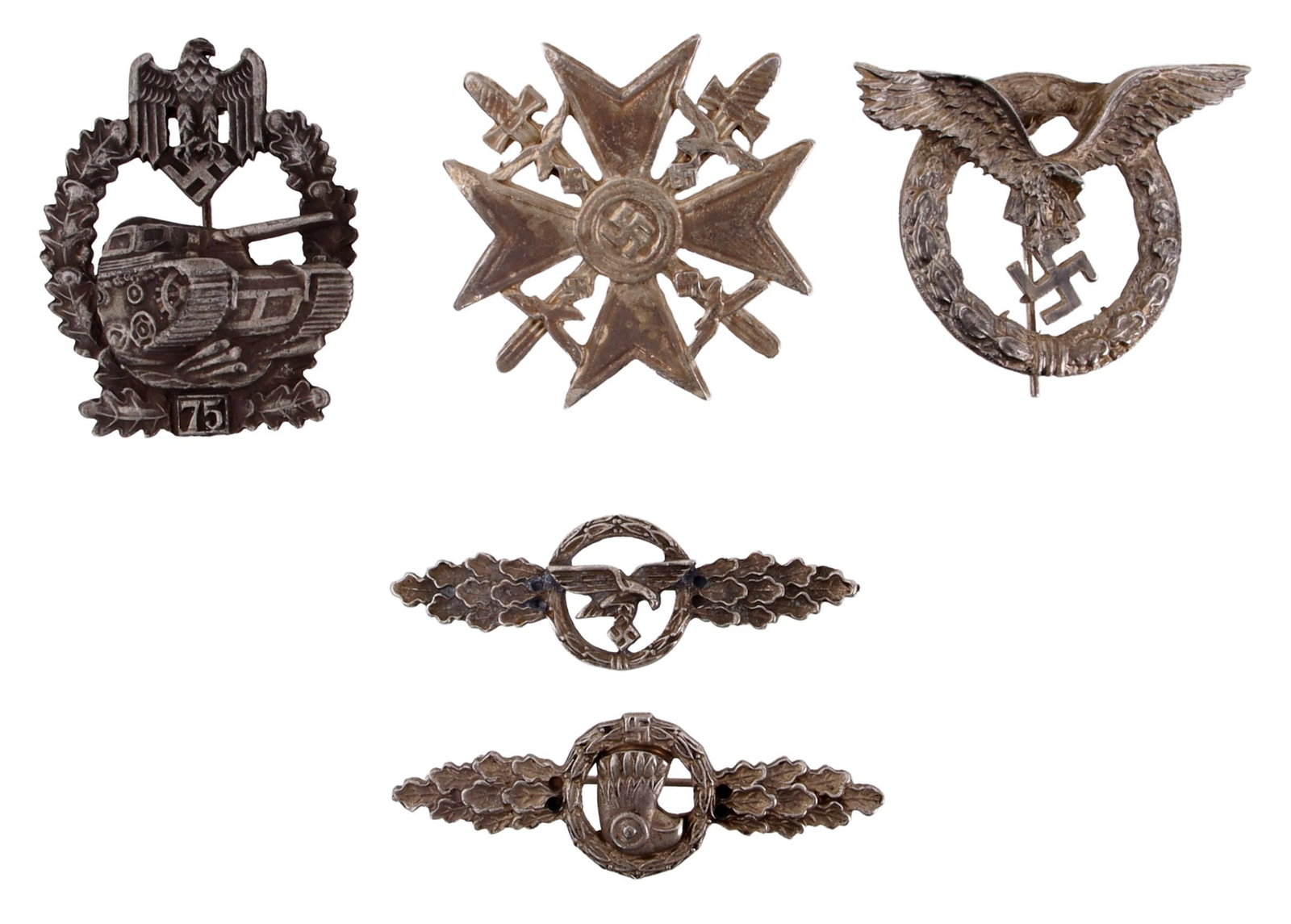 5 WWII German Reich Badges Glider Spanish Cross: A set of five (5) badges from the German Third Reich. 1) Reconnaissance clasp. 2) Luftwaffe transport glider. 3) Tank assault (seventy-five assaults). 4) Spanish Cross with swords. 5) Pilot badge.