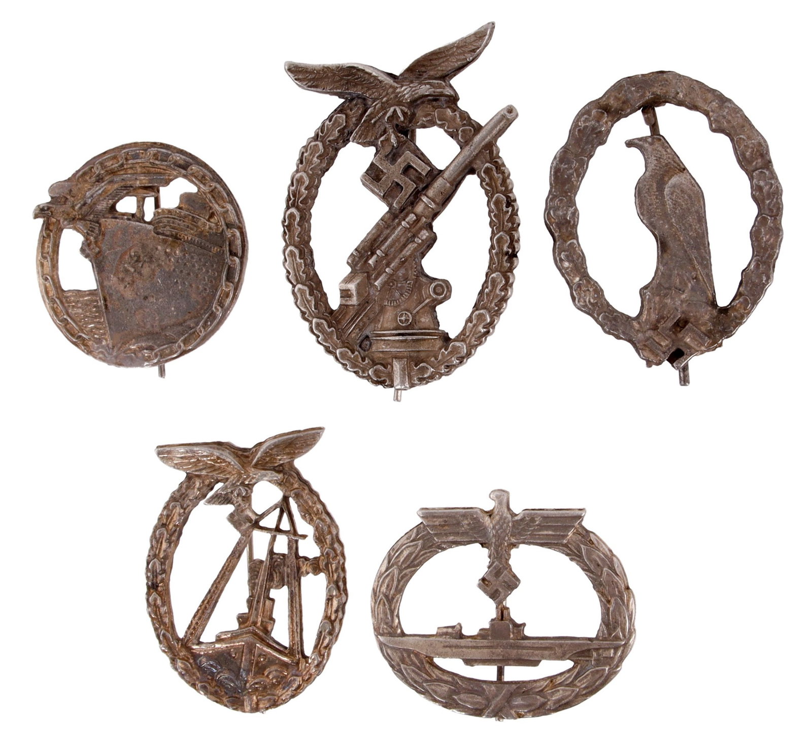 5 WWII German Reich Badges SA Sports Spanish Cross: A lot of five (5) badges from the German Third Reich: Organization Todt. 2) SA sports badge. 3) Infantry assault. 4) Spanish Cross. 5) Anti-partisan.