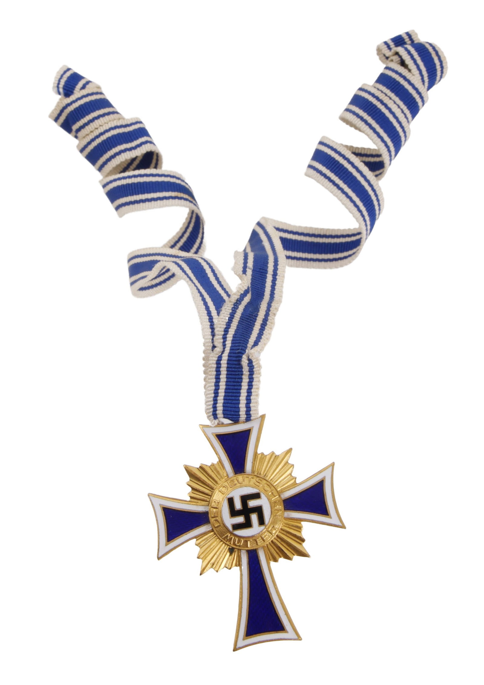 Cased Mother's Cross of Honour in Gold WWII German: Cased Cross of Honour of the German Mother in gold. Case marked "L. Bertsch, Karlsruhe." Case embossed with cross motif in gold.