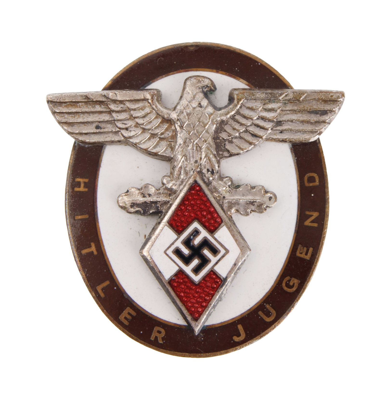HJ High Command Badge For Distinguished Foreigners: Hitlerjugend High Command Badge for Distinguished Foreigners. Gilded and silvered bronze with enamel inlay. Reverse has maker's mark of Hermann Aurich "HA." Width 1.28 inches. Height 1.35 inches. Gros
