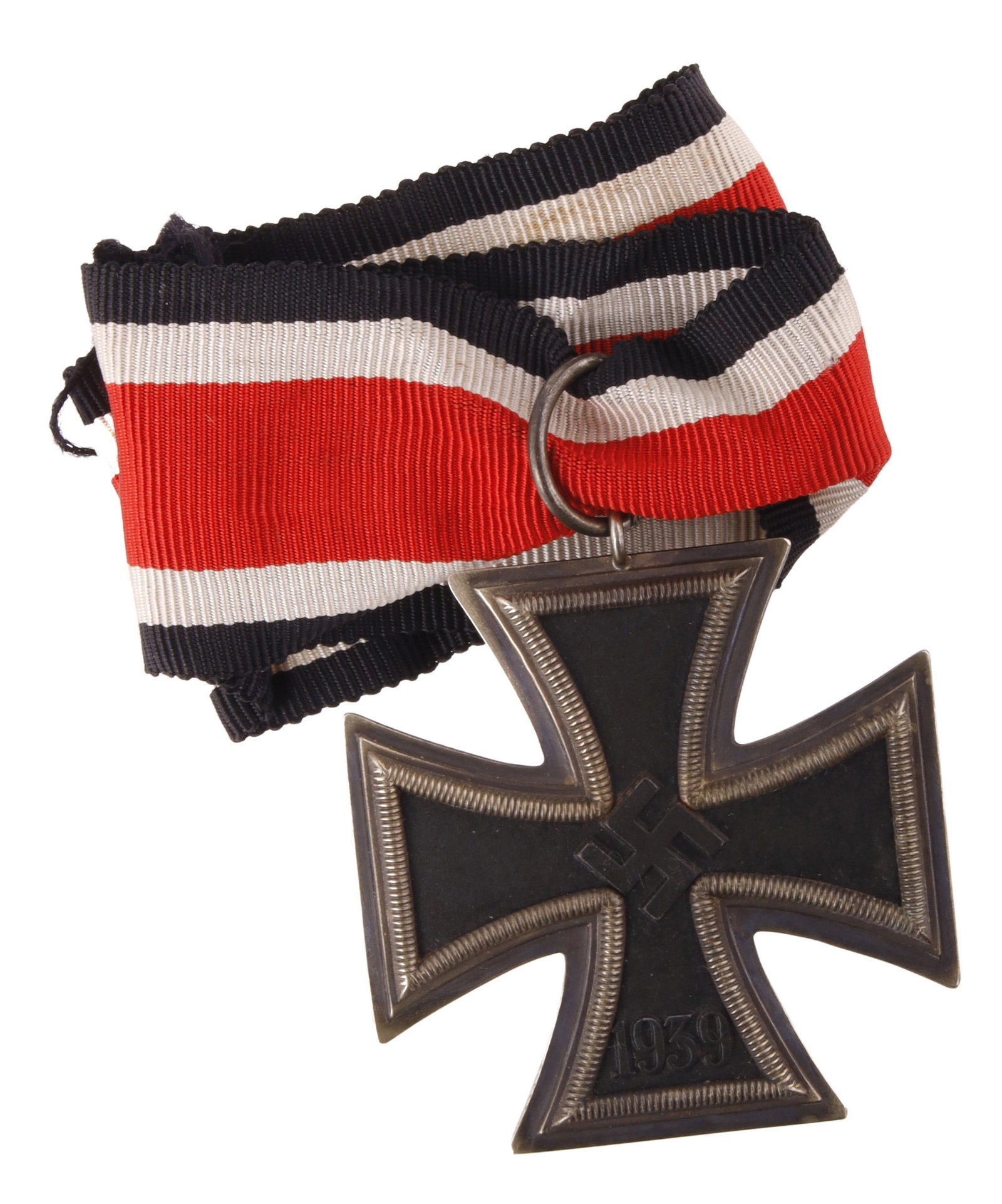 Iron Cross Second Class Schenkls WWII German Reich: Iron Cross second class with maker's mark for Anton Schenkls. The ring is stamped 27 for Anton Schenkls Multi-piece construction, magnetic core, with visible seam. Attached neck ribbon is non-fluoresc