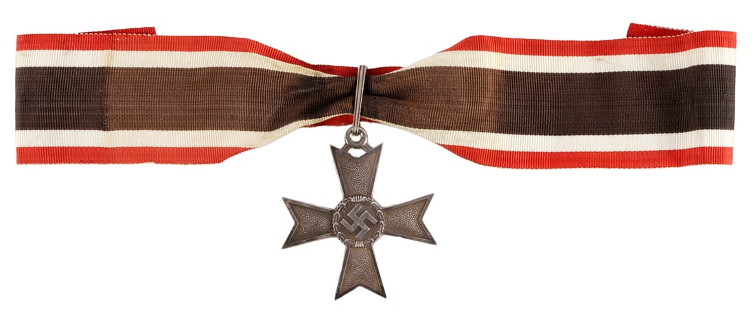 Knights War Merit Cross WWII German Reich: .800 silver construction. Marked on lower arm. Comes with non-fluorescing ribbon. Measures 2 1/8 inches. Never awarded. Intended for display only. This lot has a reserve.