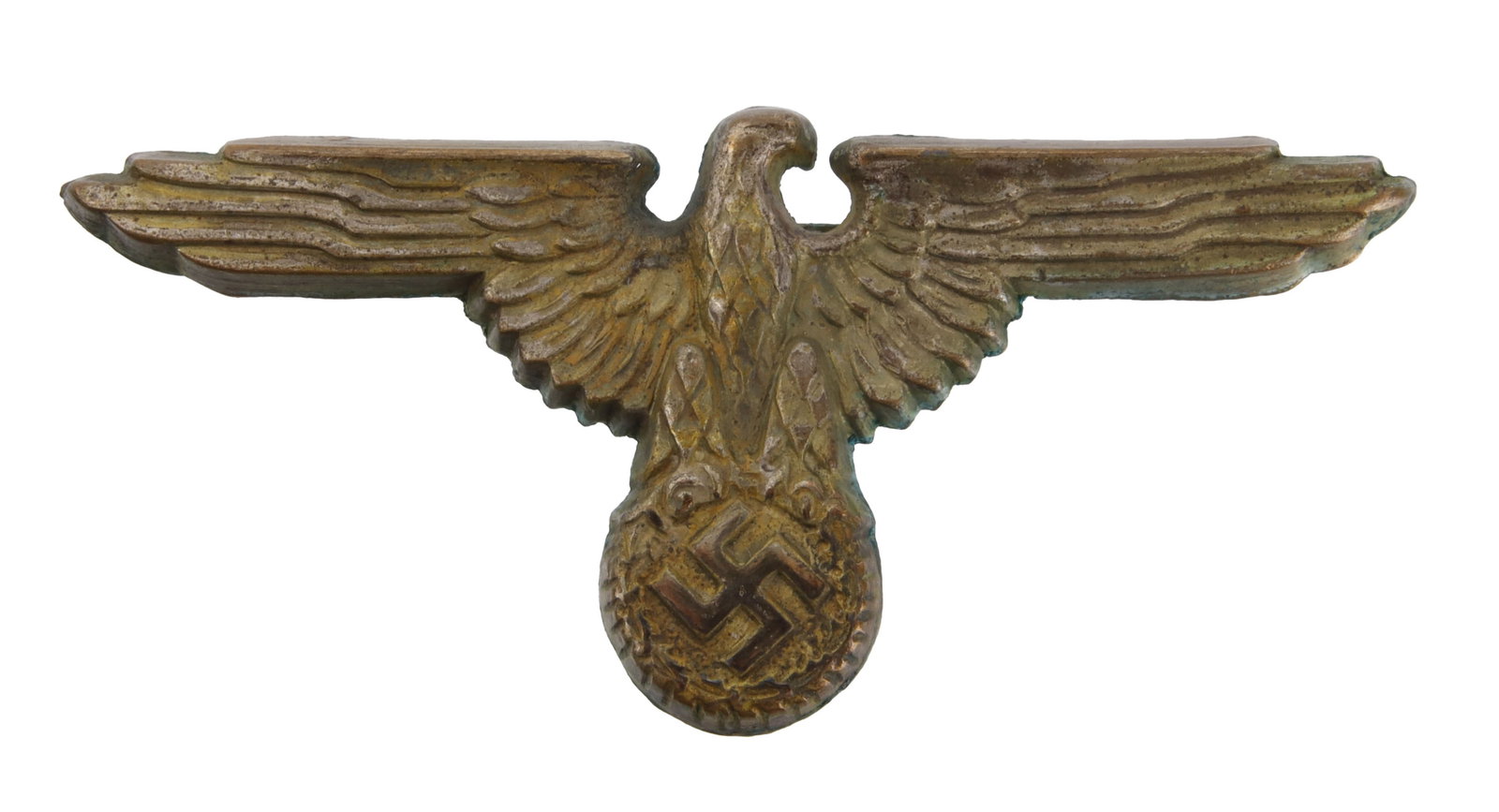 SS Officer's Visor Cap Eagle Insignia WWII German: Of non-magnetic alloy with two flat prongs. Reverse marked "RZM 412." Width 2.72 inches.