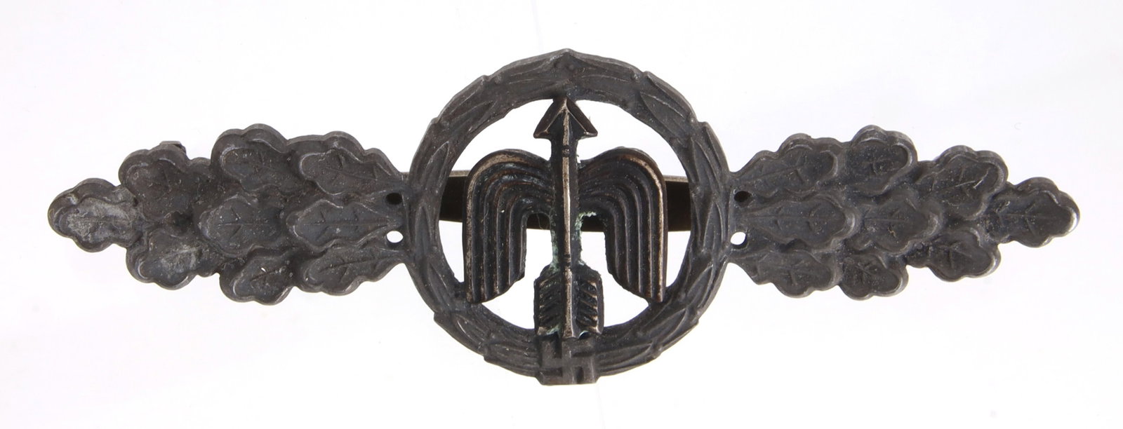 WWII Luftwaffe Short Range Fighter Clasp: Zinc construction with brass pin. It is marked G.H. Osang Dresden. It measures 2 7/8 inches.