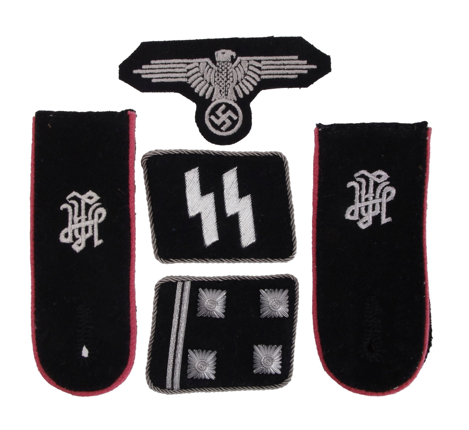 SS Panzer Uniform Insignia Group Lot of 5 Pieces: Lot of five (5) pieces. High quality historical interpreter's SS Panzer insignia set with collar tabs, breast eagle and shoulder boards.