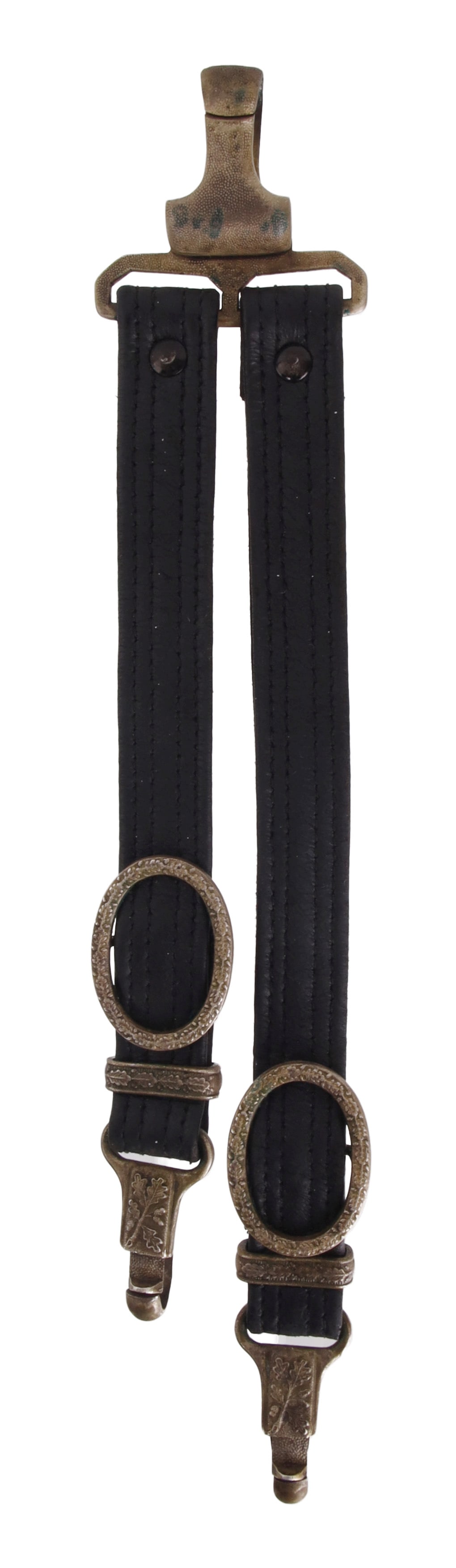 Scarce RLB Leader's Dagger Hanger WWII German: Reichsluftschutzbund officer's dagger hanger of leather and zinc alloy. Belt clip marked "D.R.G.M. M5/10 RZM" (Wilhelm Deus of Solingen). Both scabbard clips have Assmann maker's mark. Length 11 inche