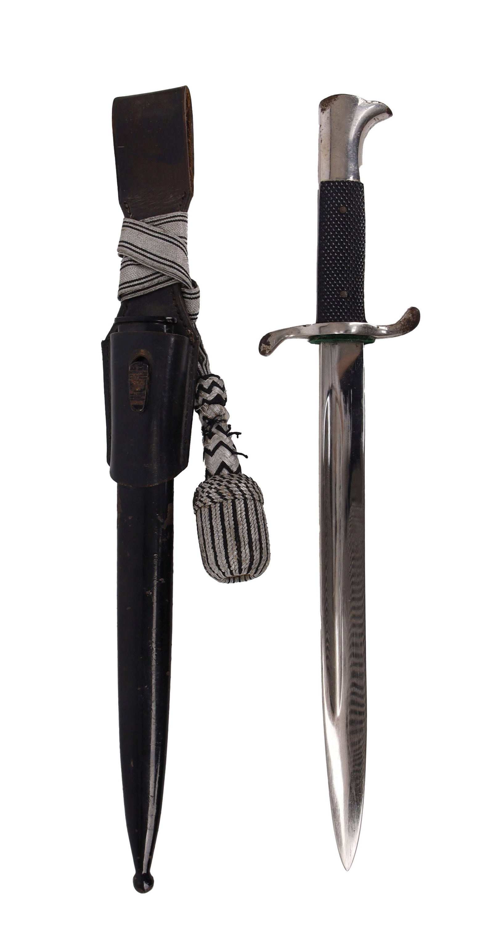 SS NCO K98 Bayonet with Portepee WWII German: Plated steel blade with checkered Bakelite grips and plated pommel. Housed in anodized scabbard. No maker's mark on blade. Tight fit in scabbard. SS NCO portepee silver/aluminum flat and twisted wire 