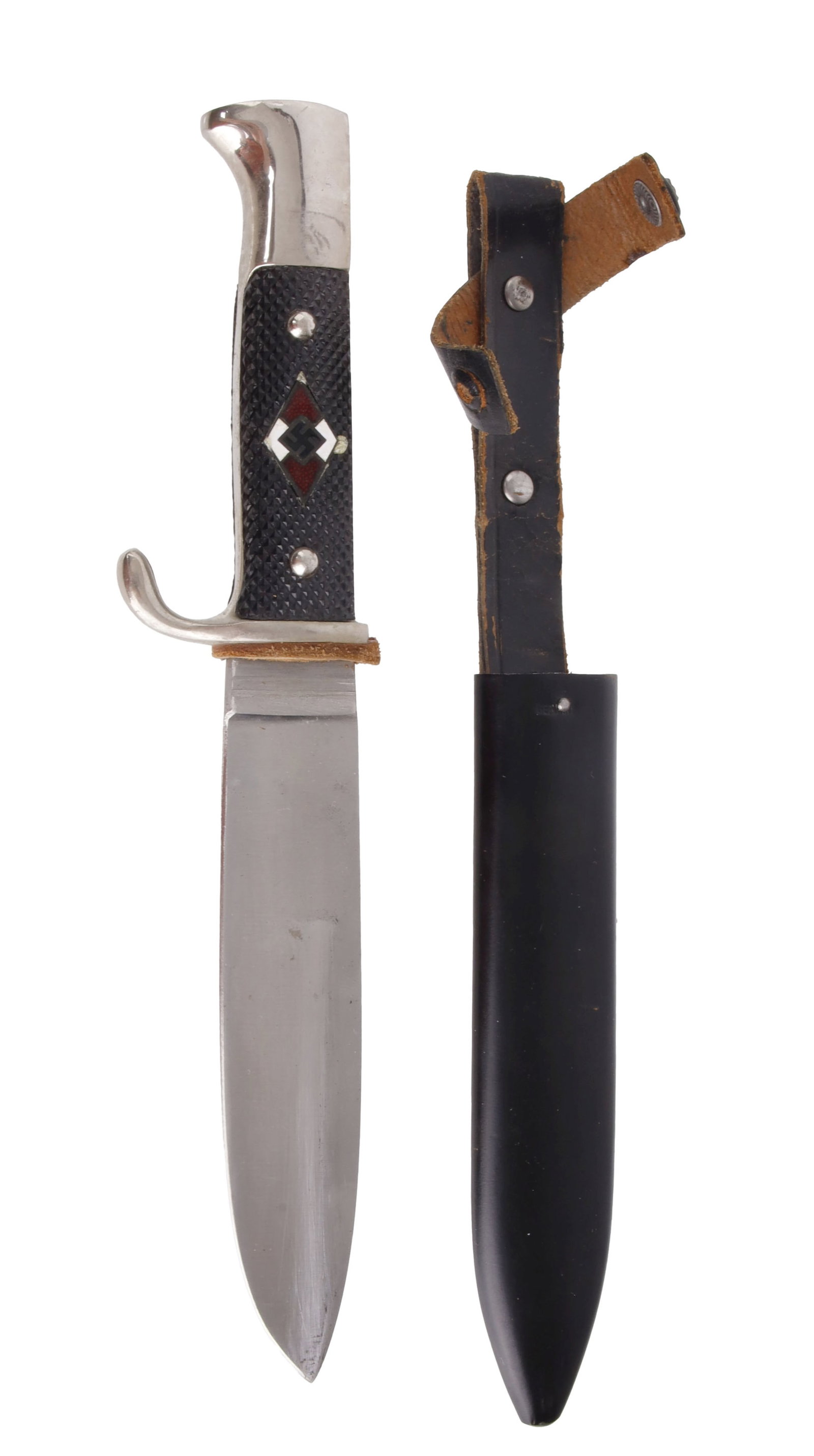 HJ Hitler Youth Knife with Scabbard: Historical interpreter's Hitlerjugend knife with scabbard. Ricasso marked "SM/1940."